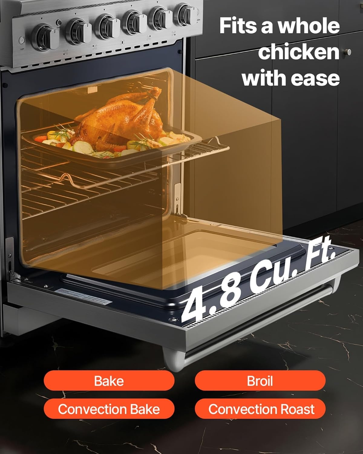 image:imageVEVOR Gas Range Oven 36 Inches Width Freestanding Stainless Steel Stove and Oven with 6 Sealed Cooktop Burners Easy Reach Racks Halogen Light 60 Cu Ft Capacity for Home Apartment Kitchen30 Inches Width5 Burners48 Cu FtOven