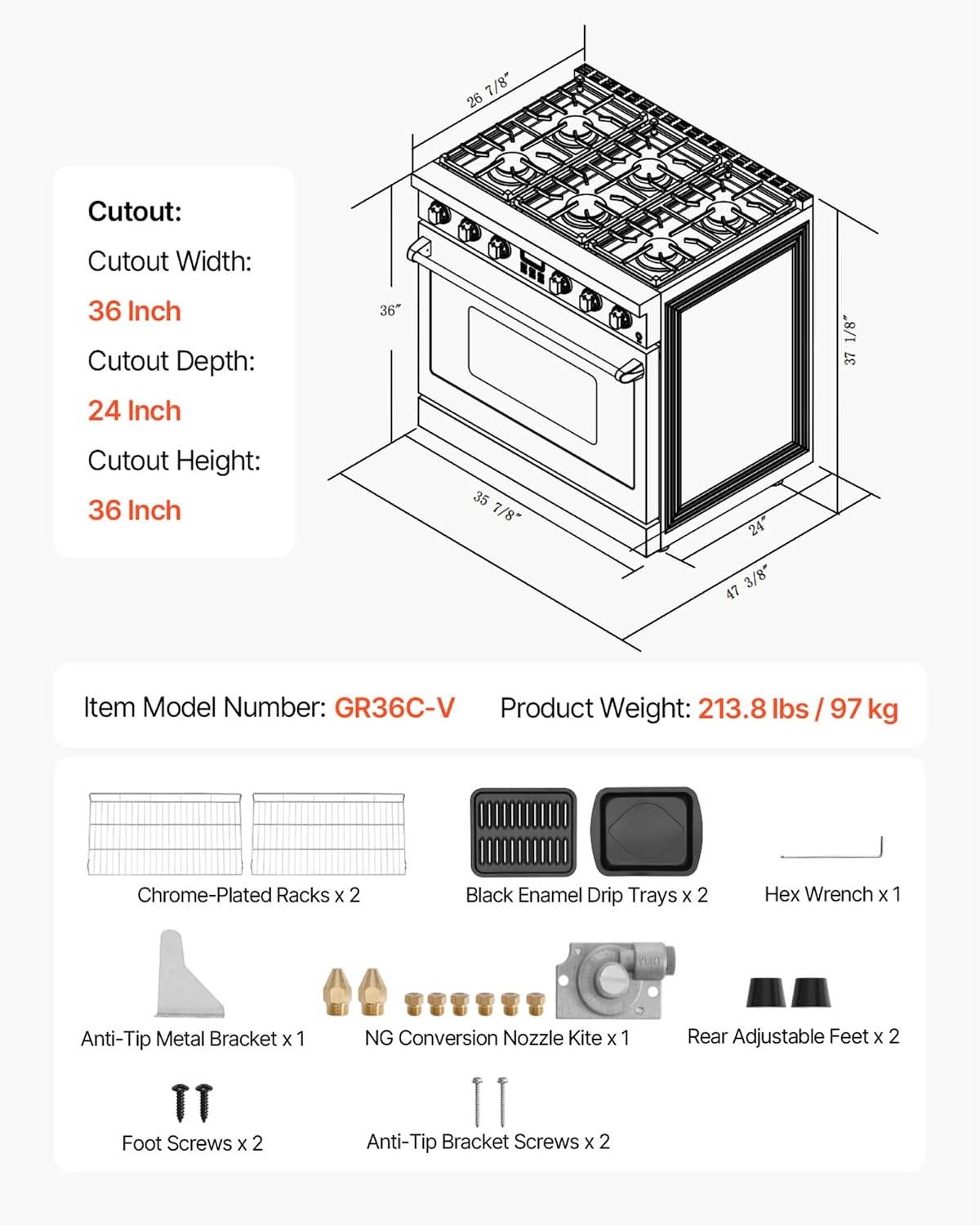 image:imageVEVOR Gas Range Oven 36 Inches Width Freestanding Stainless Steel Stove and Oven with 6 Sealed Cooktop Burners Easy Reach Racks Halogen Light 60 Cu Ft Capacity for Home Apartment Kitchen36 Inches Width6 Burners6 Cu FtOven