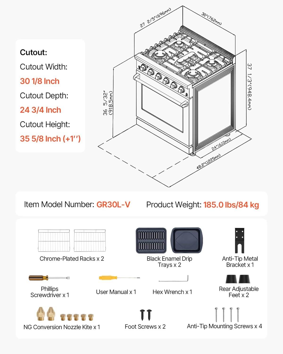 image:imageVEVOR Gas Range Oven 36 Inches Width Freestanding Stainless Steel Stove and Oven with 6 Sealed Cooktop Burners Easy Reach Racks Halogen Light 60 Cu Ft Capacity for Home Apartment Kitchen30 Inches Width5 Burners48 Cu FtOven
