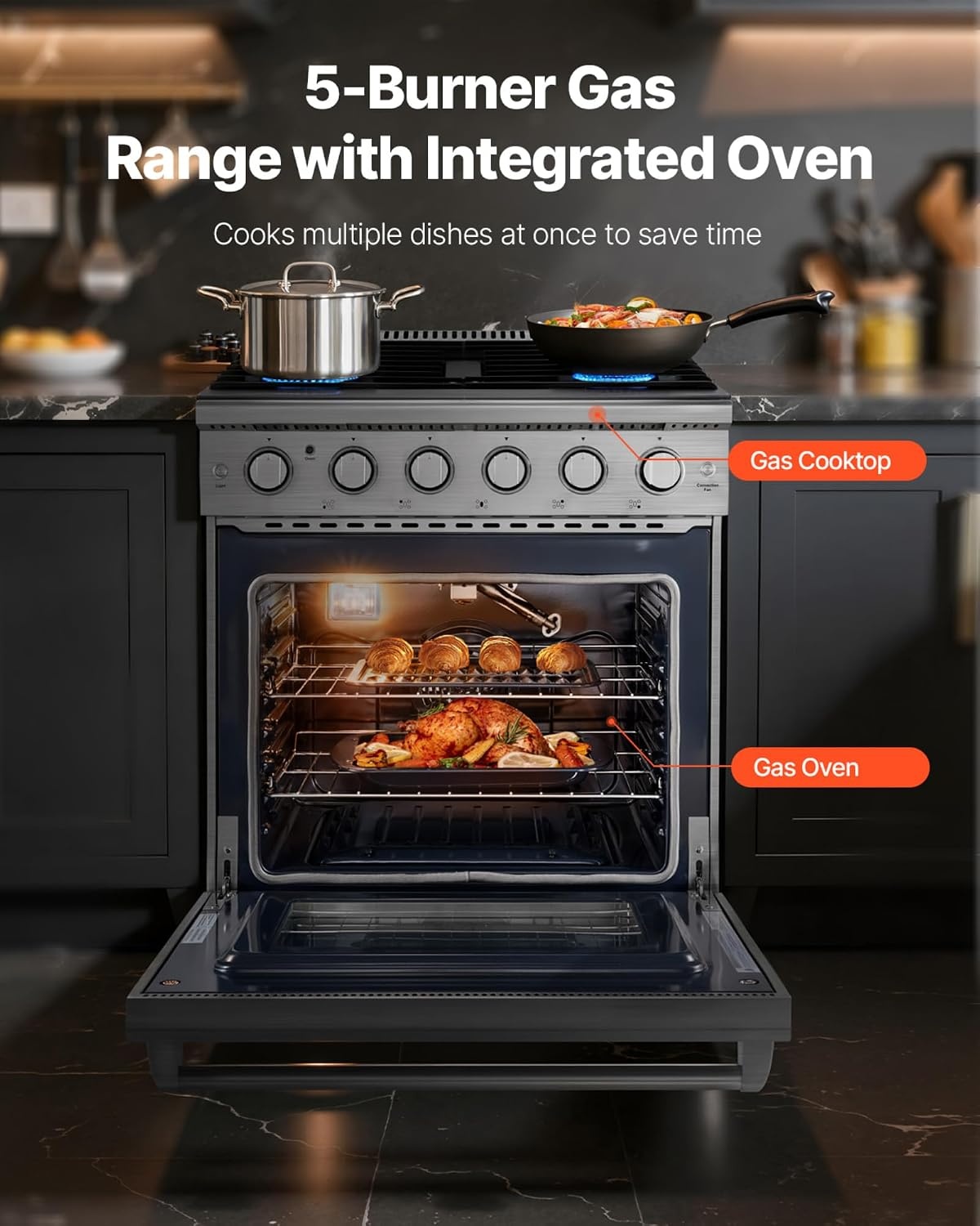 image:imageVEVOR Gas Range Oven 36 Inches Width Freestanding Stainless Steel Stove and Oven with 6 Sealed Cooktop Burners Easy Reach Racks Halogen Light 60 Cu Ft Capacity for Home Apartment Kitchen30 Inches Width5 Burners48 Cu FtOven