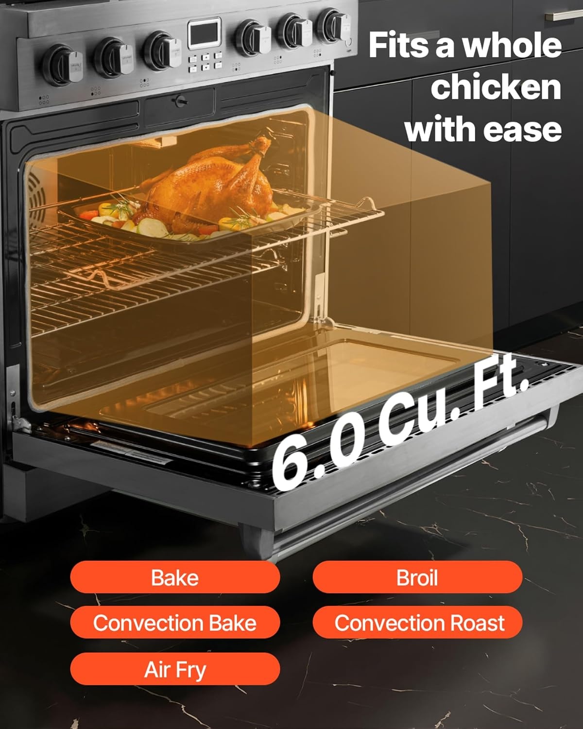 image:imageVEVOR Gas Range Oven 36 Inches Width Freestanding Stainless Steel Stove and Oven with 6 Sealed Cooktop Burners Easy Reach Racks Halogen Light 60 Cu Ft Capacity for Home Apartment Kitchen36 Inches Width6 Burners6 Cu FtOven