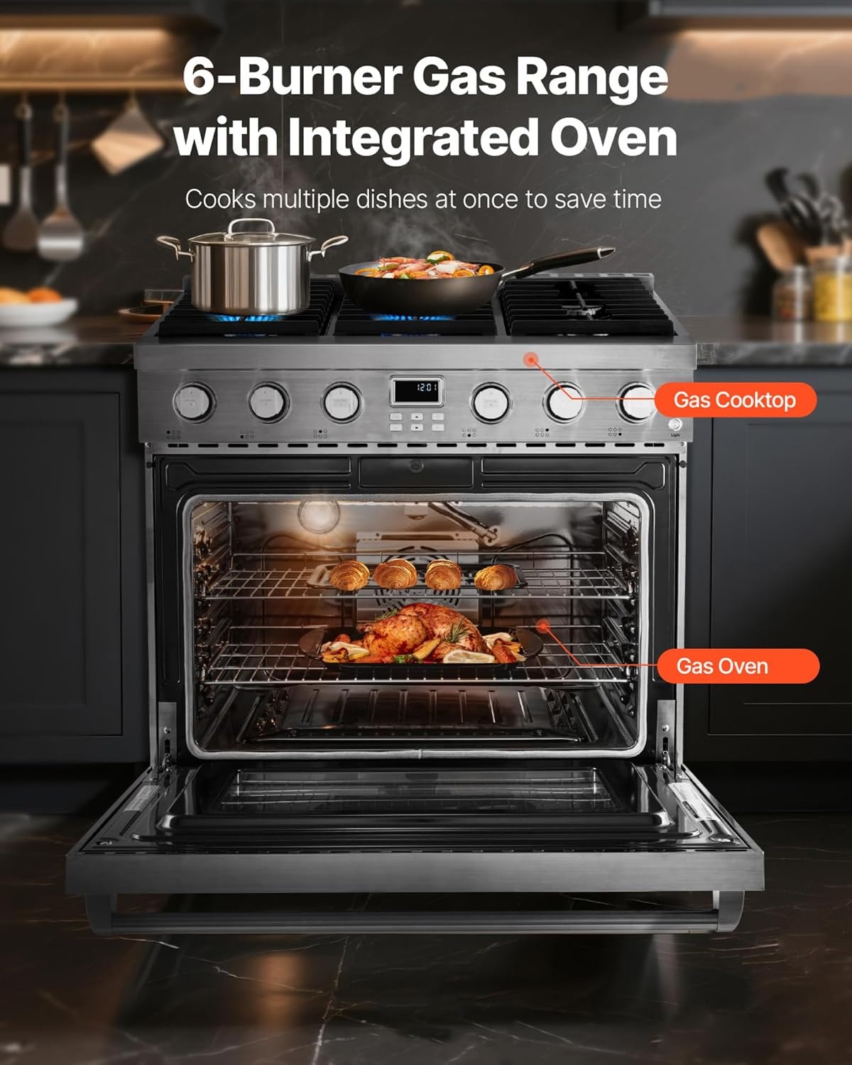 image:imageVEVOR Gas Range Oven 36 Inches Width Freestanding Stainless Steel Stove and Oven with 6 Sealed Cooktop Burners Easy Reach Racks Halogen Light 60 Cu Ft Capacity for Home Apartment Kitchen36 Inches Width6 Burners6 Cu FtOven