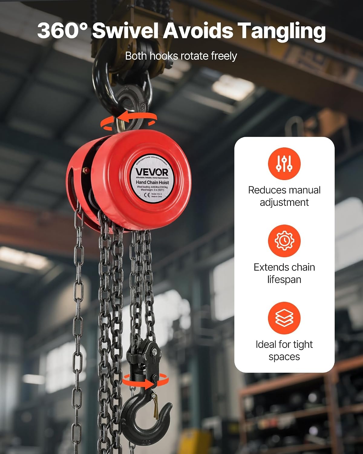 image:imageVEVOR Hand Chain Hoist 1 Ton 2200 lbs Capacity Manual Chain Block with Upgrade G70 Galvanized Chain 10 ft Lifting Height Heavy Duty Pulley Hoist for Garage Warehouse Automotive Machinery RedRed