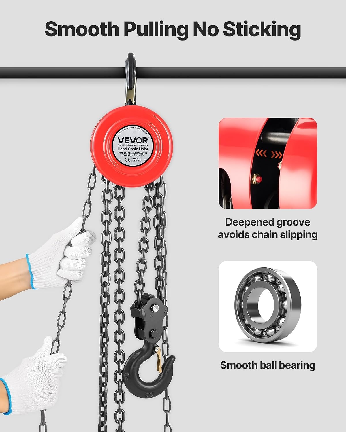image:imageVEVOR Hand Chain Hoist 1 Ton 2200 lbs Capacity Manual Chain Block with Upgrade G70 Galvanized Chain 10 ft Lifting Height Heavy Duty Pulley Hoist for Garage Warehouse Automotive Machinery RedRed