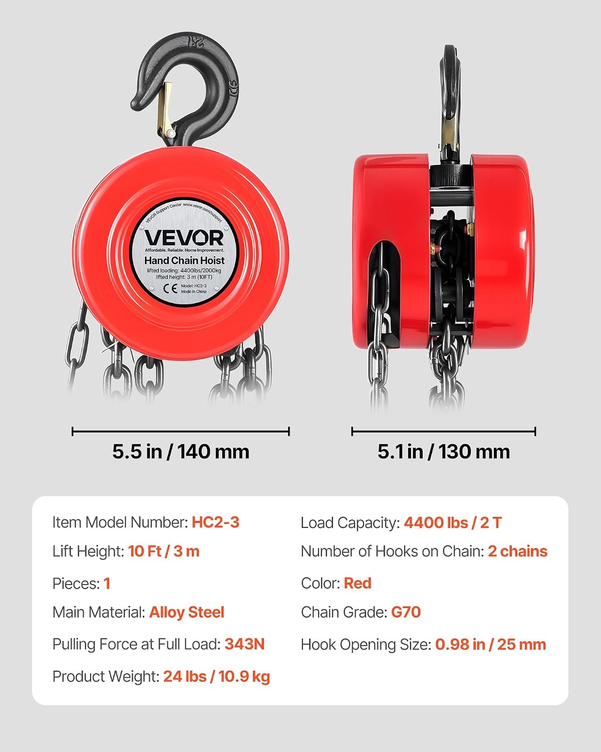 image:imageVEVOR Hand Chain Hoist 1 Ton 2200 lbs Capacity Manual Chain Block with Upgrade G70 Galvanized Chain 10 ft Lifting Height Heavy Duty Pulley Hoist for Garage Warehouse Automotive Machinery RedRed