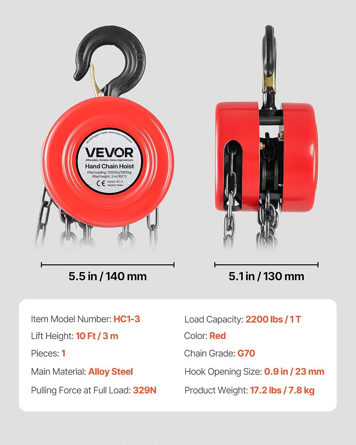 image:imageVEVOR Hand Chain Hoist 1 Ton 2200 lbs Capacity Manual Chain Block with Upgrade G70 Galvanized Chain 10 ft Lifting Height Heavy Duty Pulley Hoist for Garage Warehouse Automotive Machinery RedRed