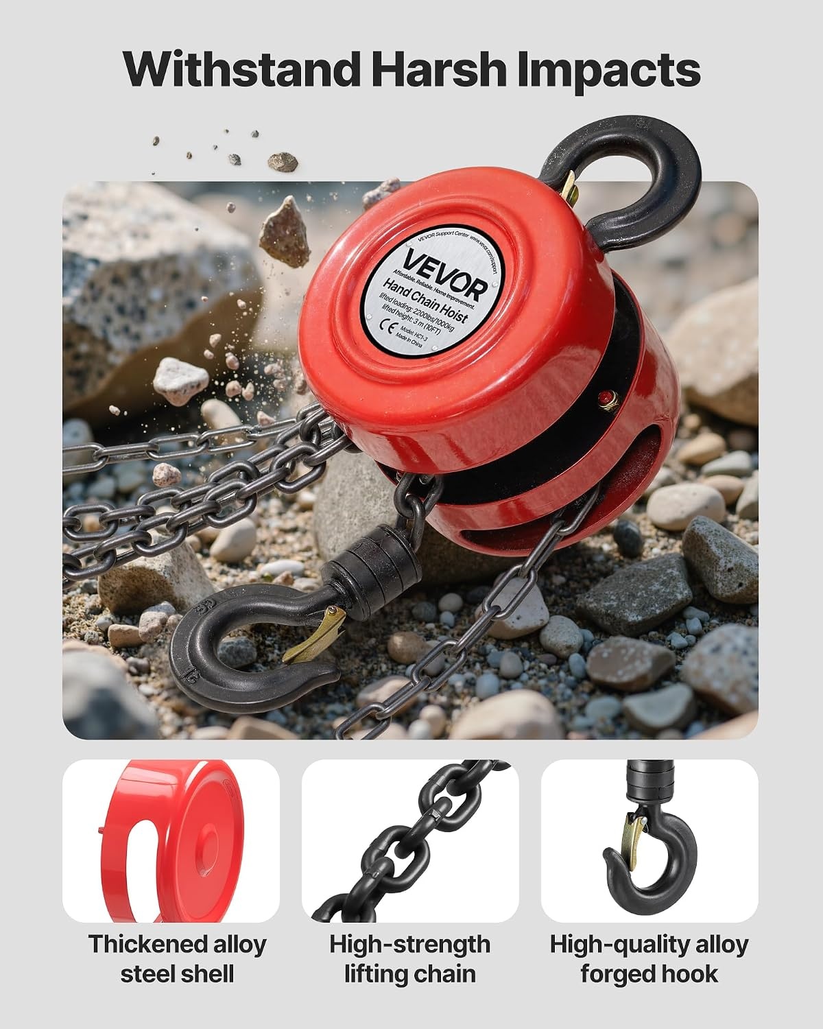 image:imageVEVOR Hand Chain Hoist 1 Ton 2200 lbs Capacity Manual Chain Block with Upgrade G70 Galvanized Chain 10 ft Lifting Height Heavy Duty Pulley Hoist for Garage Warehouse Automotive Machinery RedRed