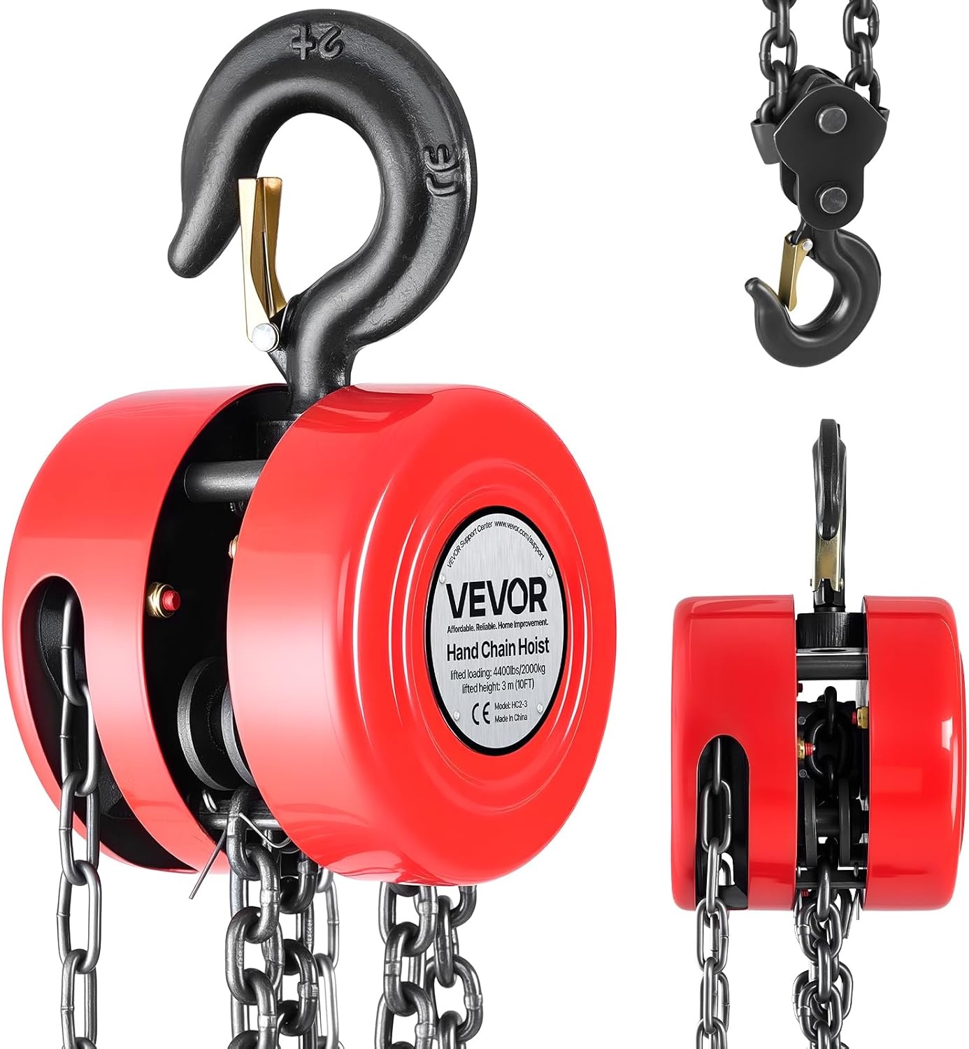 image:imageVEVOR Hand Chain Hoist 1 Ton 2200 lbs Capacity Manual Chain Block with Upgrade G70 Galvanized Chain 10 ft Lifting Height Heavy Duty Pulley Hoist for Garage Warehouse Automotive Machinery RedRed