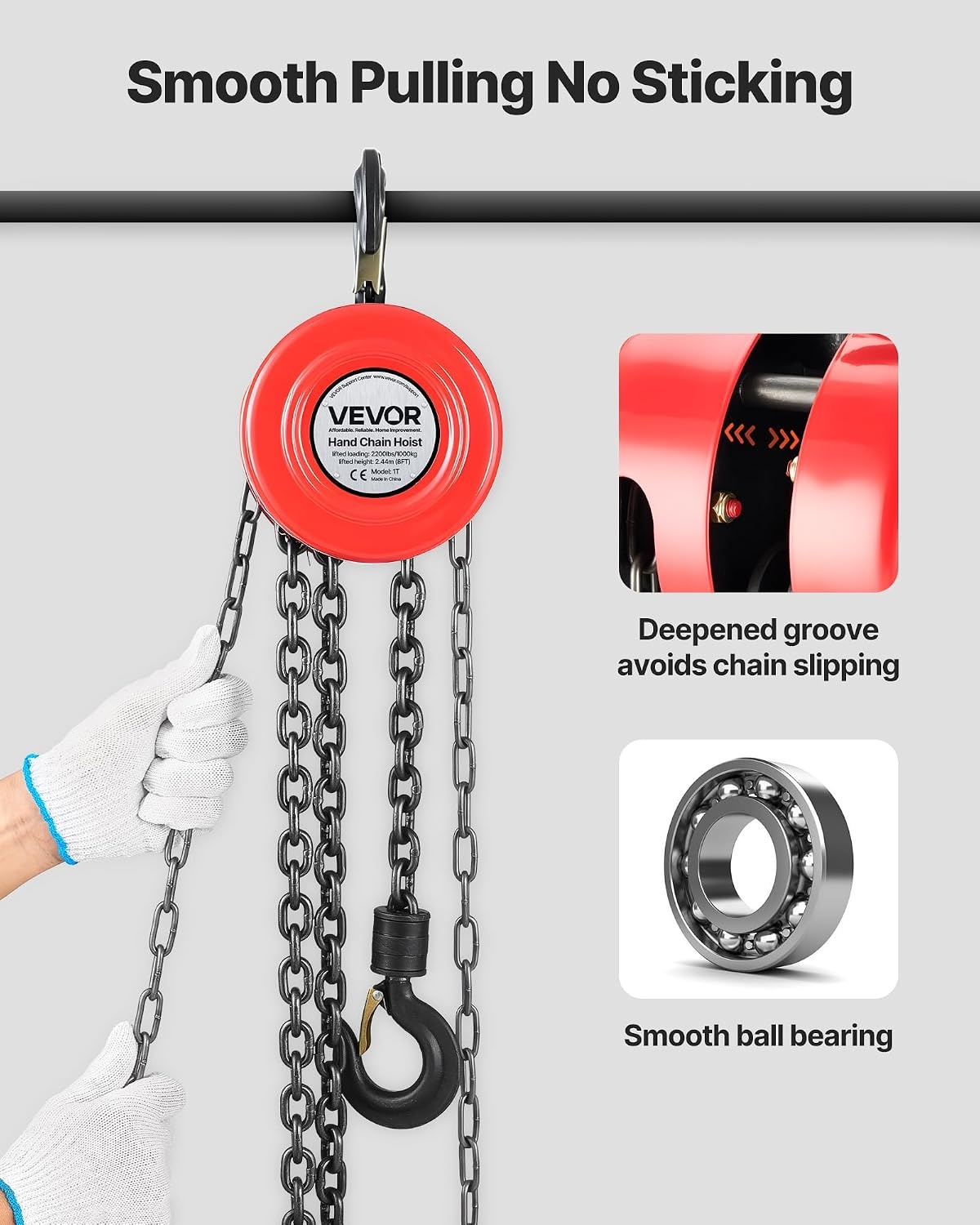 image:imageVEVOR Hand Chain Hoist 1 Ton 2200 lbs Capacity Manual Chain Block with Upgrade G70 Galvanized Chain 8 ft Lifting Height Heavy Duty Pulley Hoist for Garage Warehouse Automotive Machinery RedRed 1T 8FT