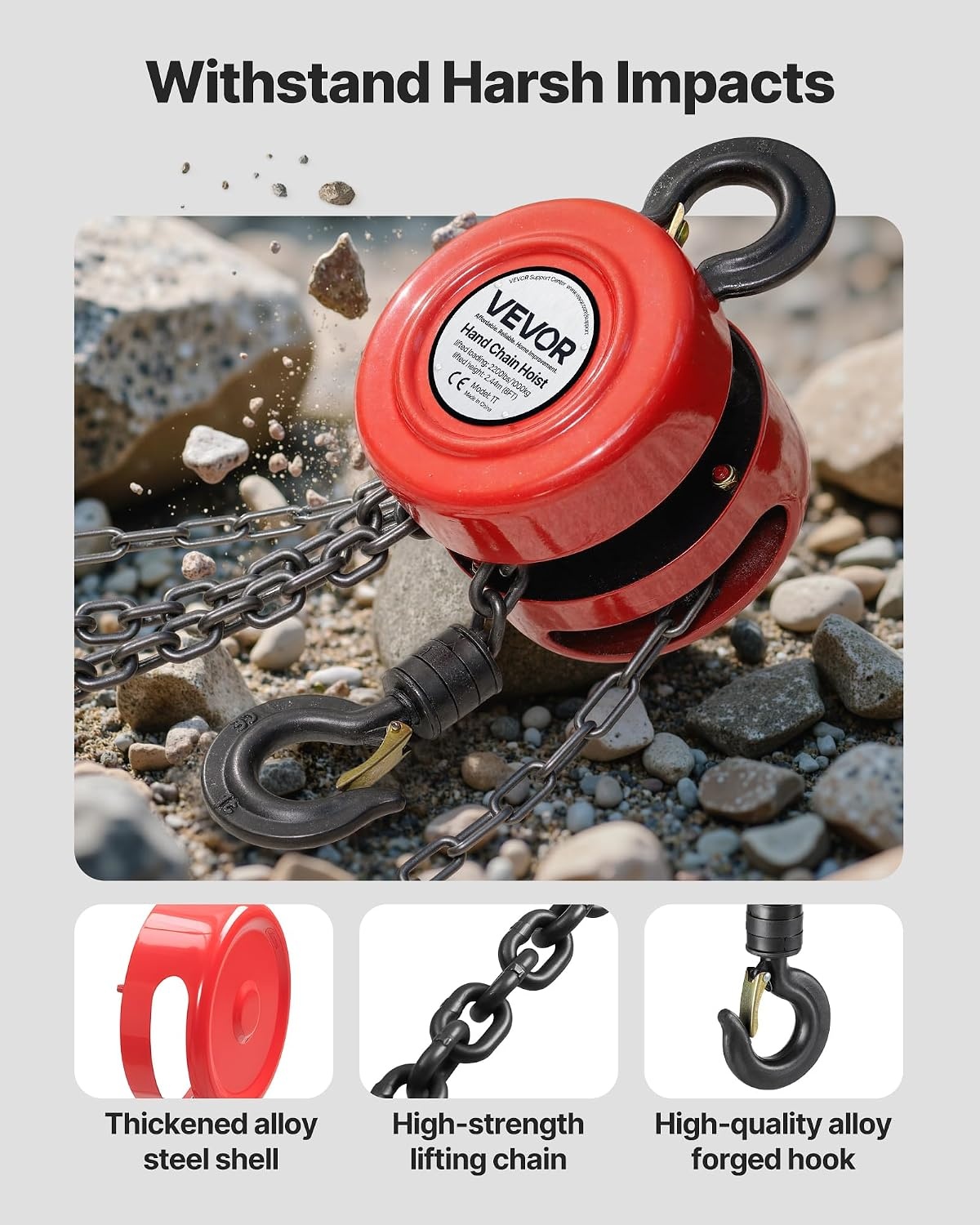 image:imageVEVOR Hand Chain Hoist 1 Ton 2200 lbs Capacity Manual Chain Block with Upgrade G70 Galvanized Chain 8 ft Lifting Height Heavy Duty Pulley Hoist for Garage Warehouse Automotive Machinery RedRed 1T 8FT