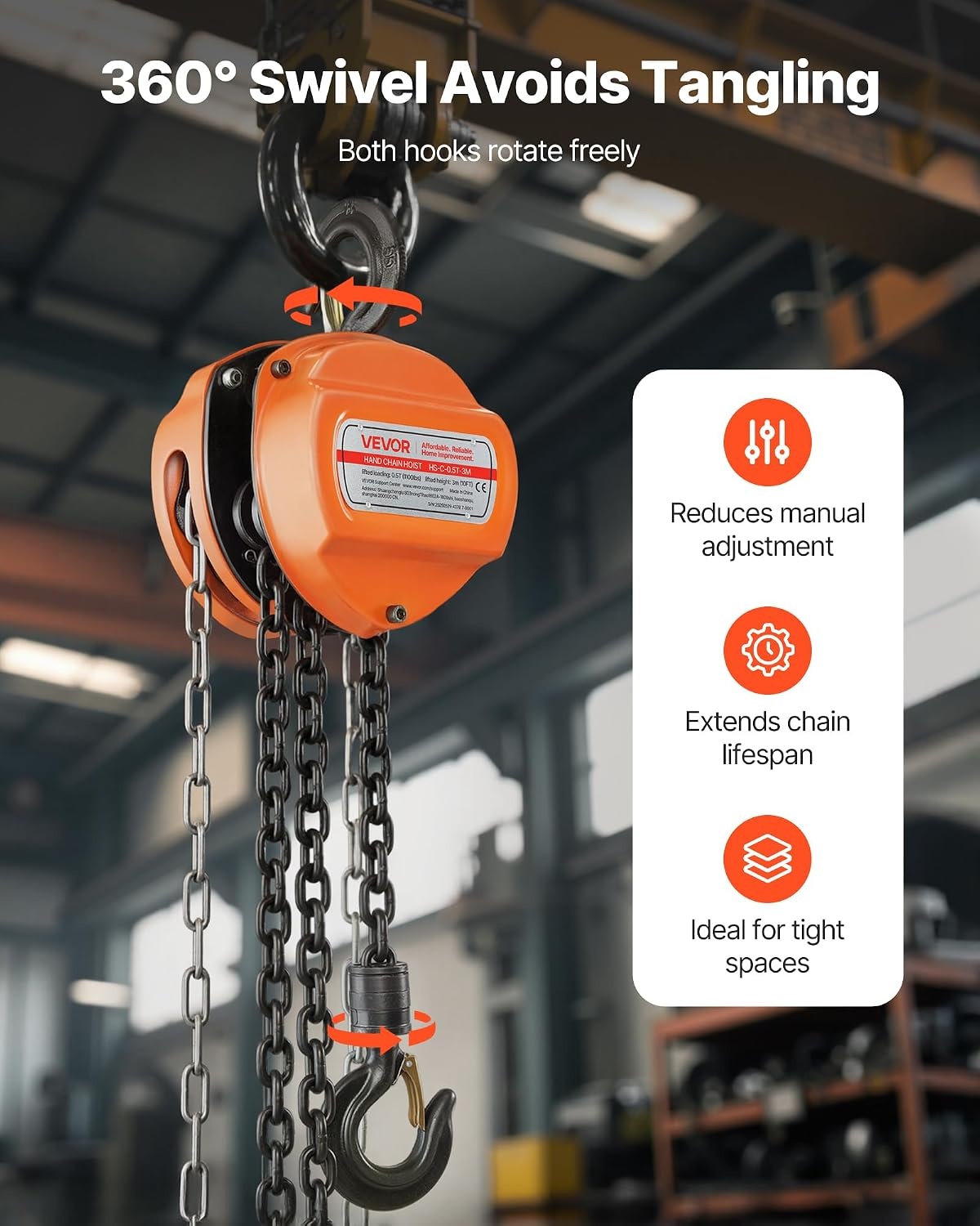 image:imageVEVOR Hand Chain Hoist 12 Ton 1100 lbs Capacity Manual Chain Block with Upgrade G80 Galvanized Chain 10 ft Lifting Height Heavy Duty Pulley Hoist for Garage Warehouse Automotive Machinery Orange12T 10FT