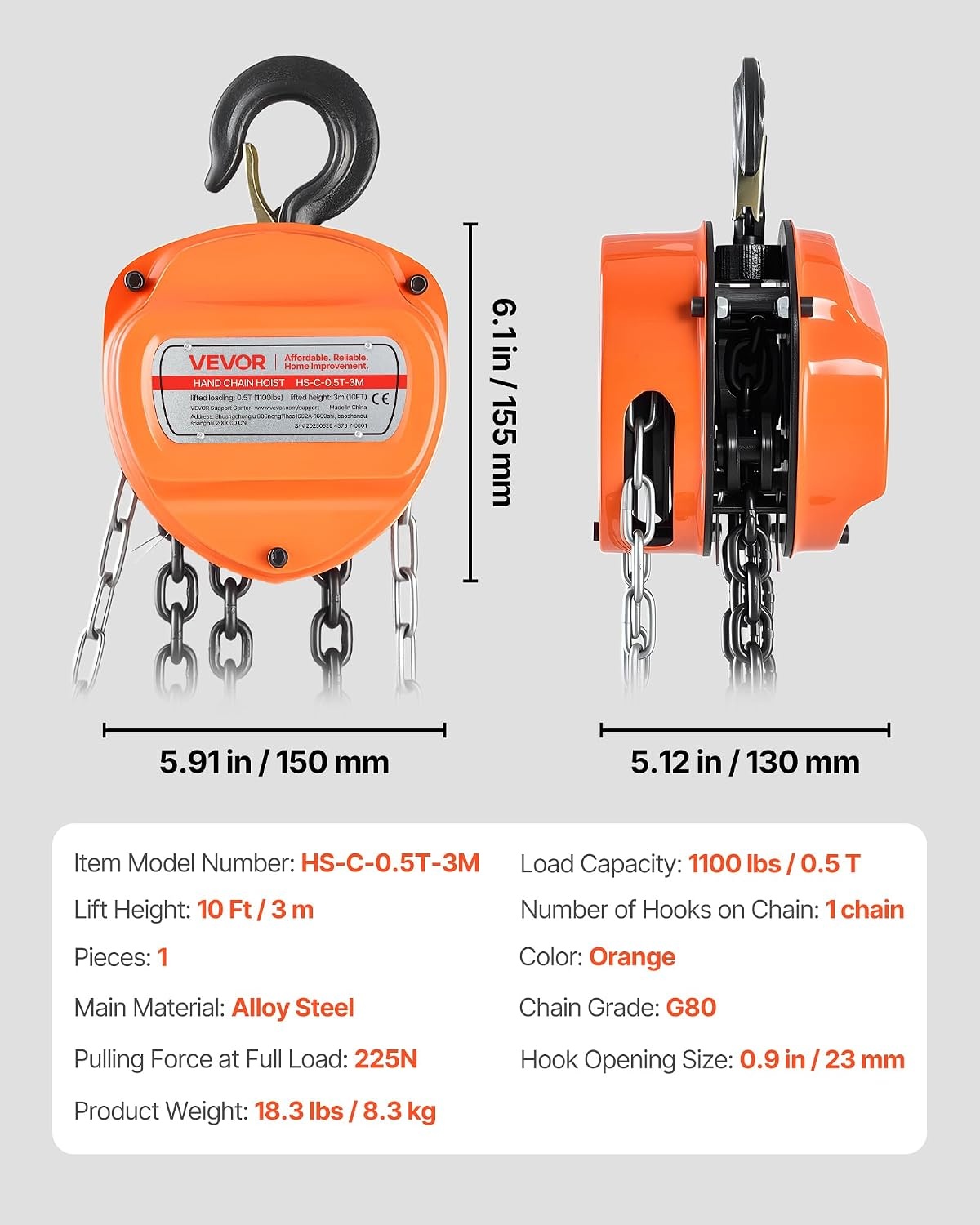 image:imageVEVOR Hand Chain Hoist 12 Ton 1100 lbs Capacity Manual Chain Block with Upgrade G80 Galvanized Chain 10 ft Lifting Height Heavy Duty Pulley Hoist for Garage Warehouse Automotive Machinery Orange12T 10FT