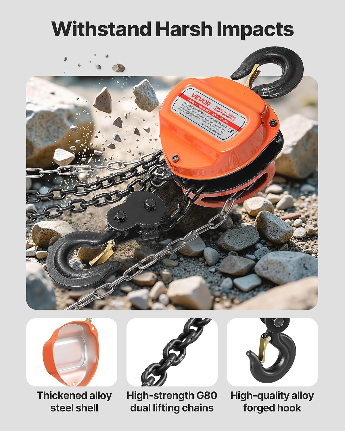 image:imageVEVOR Hand Chain Hoist 12 Ton 1100 lbs Capacity Manual Chain Block with Upgrade G80 Galvanized Chain 10 ft Lifting Height Heavy Duty Pulley Hoist for Garage Warehouse Automotive Machinery Orange3T 10FT
