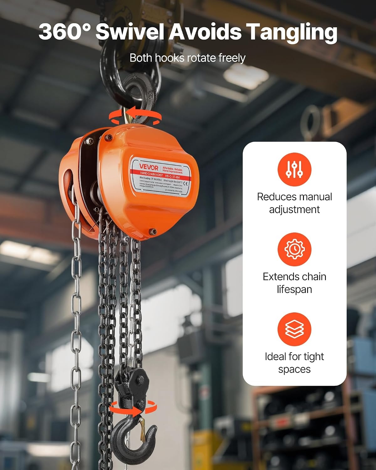 image:imageVEVOR Hand Chain Hoist 12 Ton 1100 lbs Capacity Manual Chain Block with Upgrade G80 Galvanized Chain 10 ft Lifting Height Heavy Duty Pulley Hoist for Garage Warehouse Automotive Machinery Orange3T 20FT