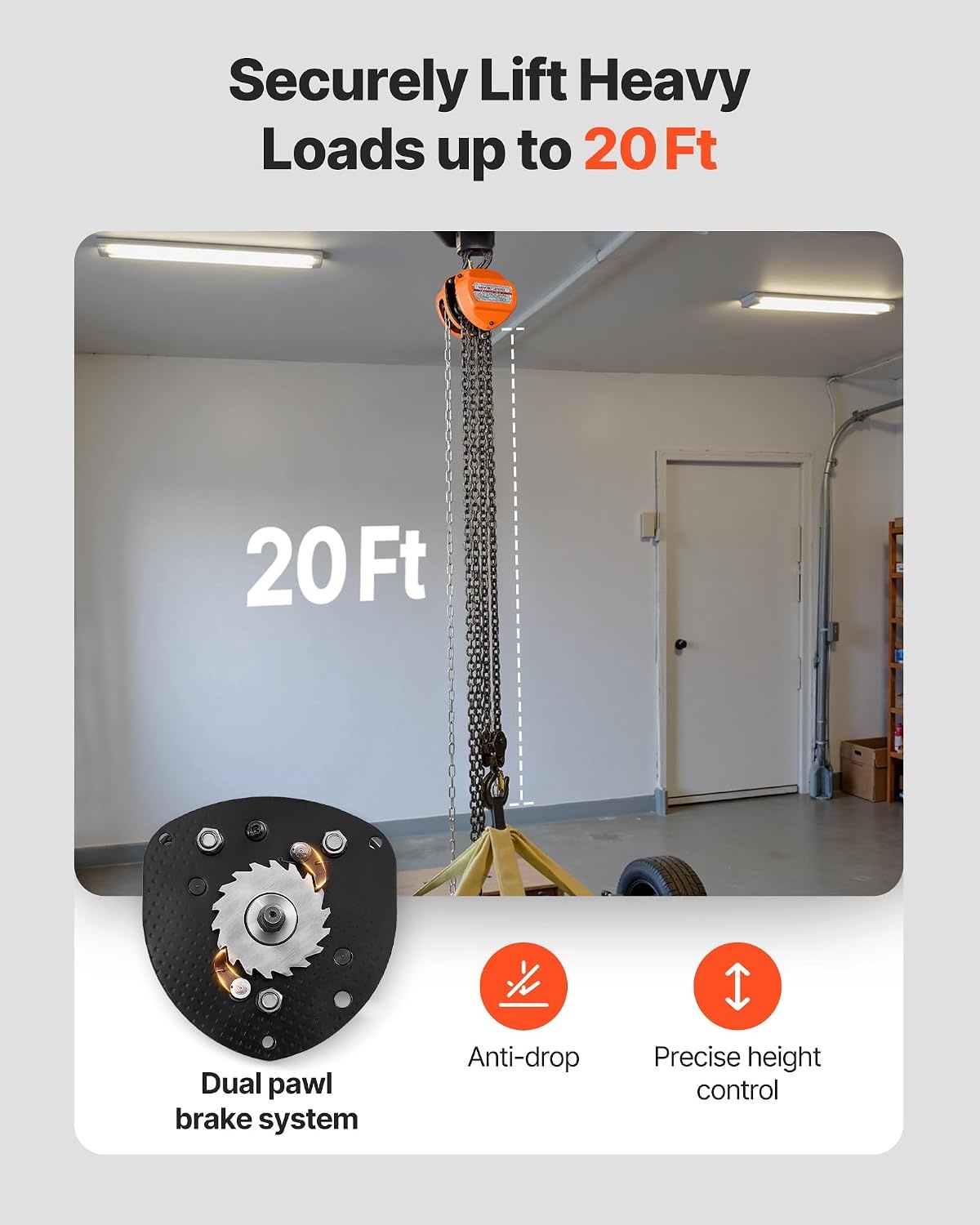 image:imageVEVOR Hand Chain Hoist 12 Ton 1100 lbs Capacity Manual Chain Block with Upgrade G80 Galvanized Chain 10 ft Lifting Height Heavy Duty Pulley Hoist for Garage Warehouse Automotive Machinery Orange3T 20FT