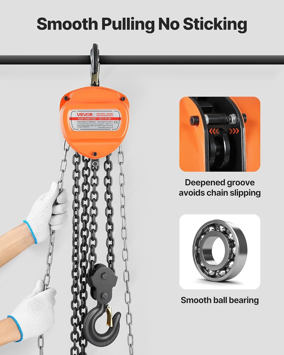 image:imageVEVOR Hand Chain Hoist 12 Ton 1100 lbs Capacity Manual Chain Block with Upgrade G80 Galvanized Chain 10 ft Lifting Height Heavy Duty Pulley Hoist for Garage Warehouse Automotive Machinery Orange3T 10FT