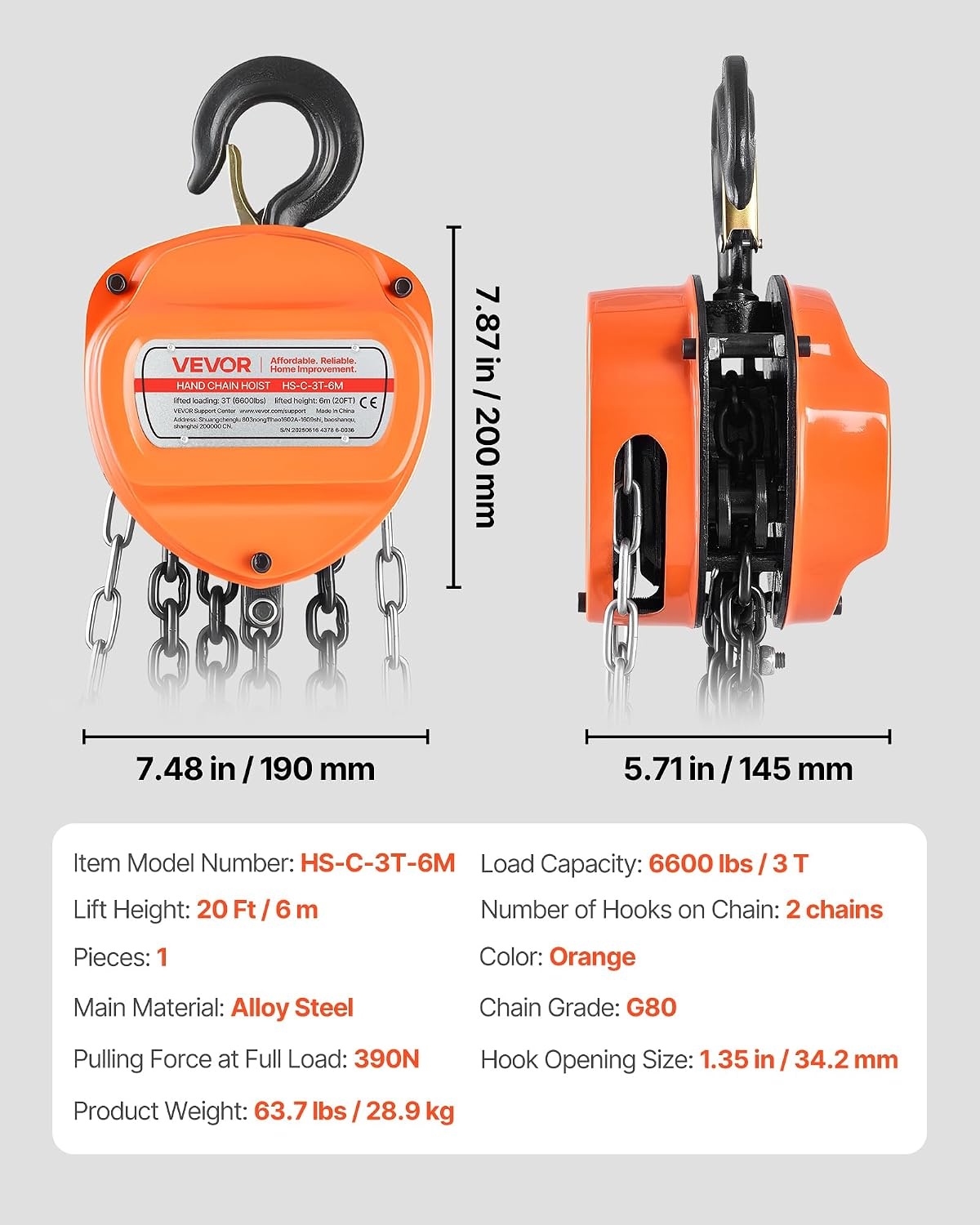 image:imageVEVOR Hand Chain Hoist 12 Ton 1100 lbs Capacity Manual Chain Block with Upgrade G80 Galvanized Chain 10 ft Lifting Height Heavy Duty Pulley Hoist for Garage Warehouse Automotive Machinery Orange3T 20FT