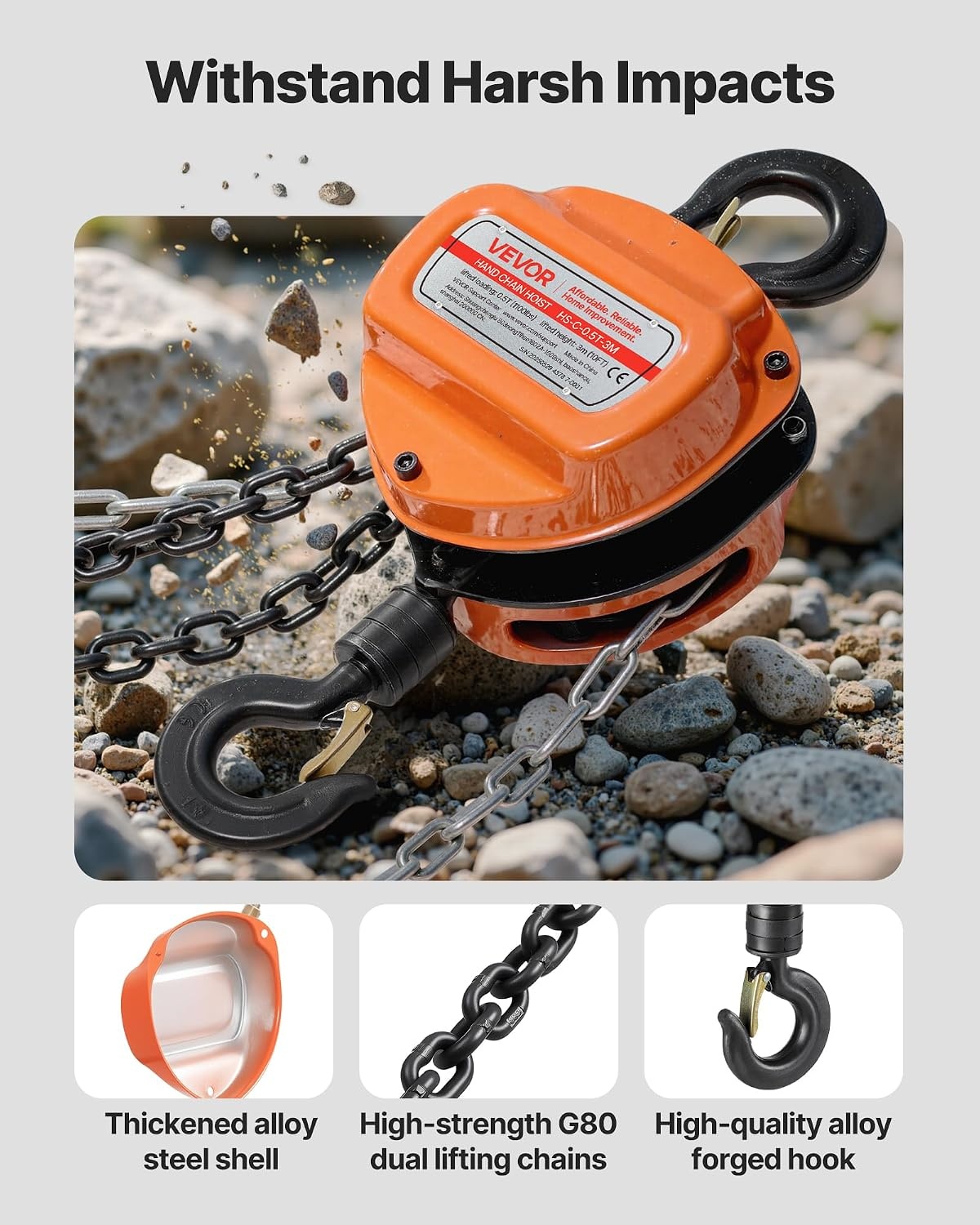 image:imageVEVOR Hand Chain Hoist 12 Ton 1100 lbs Capacity Manual Chain Block with Upgrade G80 Galvanized Chain 10 ft Lifting Height Heavy Duty Pulley Hoist for Garage Warehouse Automotive Machinery Orange12T 10FT