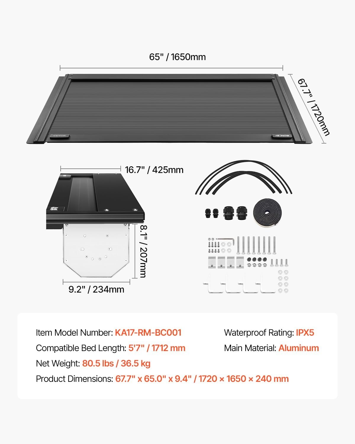 image:imageVEVOR Hard TriFold Truck Bed Tonneau Cover Compatible with 20192025 Dodge Ram 1500 56 ft 674 in Bed Waterproof LowProfile Hard Folding Truck Tonneau Cover with Aluminum Alloy Support Bar57ft