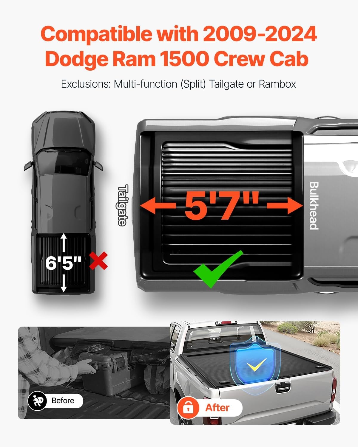 image:imageVEVOR Hard TriFold Truck Bed Tonneau Cover Compatible with 20192025 Dodge Ram 1500 56 ft 674 in Bed Waterproof LowProfile Hard Folding Truck Tonneau Cover with Aluminum Alloy Support Bar57ft