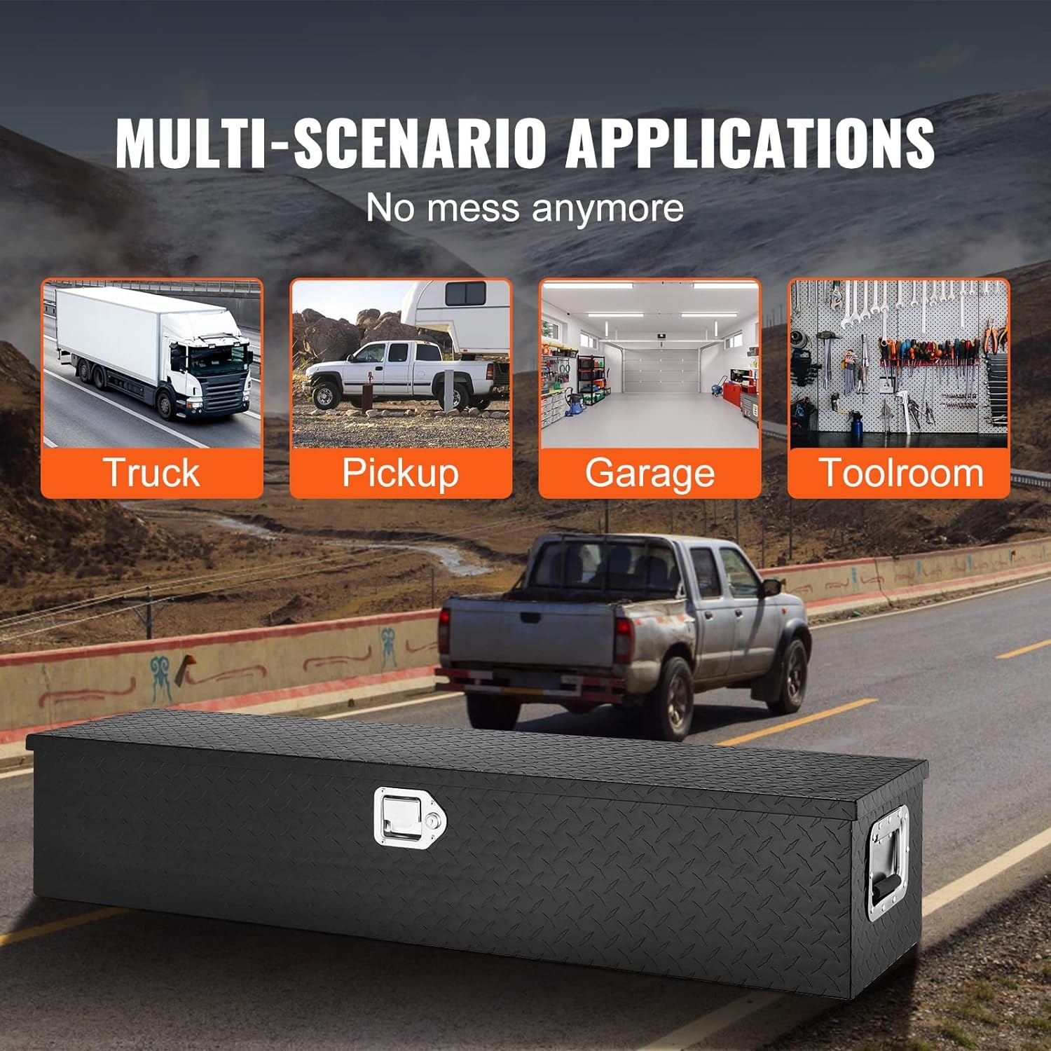 image:imageVEVOR Heavy Duty Aluminum Truck Bed Tool Box Diamond Plate Tool Box with Side Handle and Lock Keys Storage Tool Box Chest Box Organizer for Pickup Truck Bed RV Trailer 30x13x96 SilverBlack