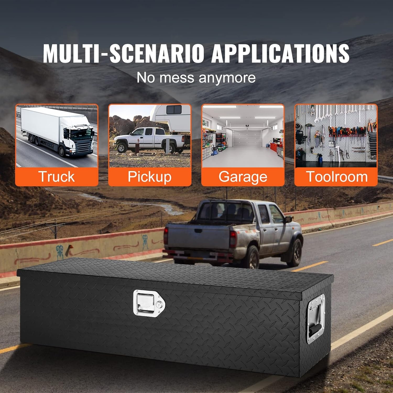 image:imageVEVOR Heavy Duty Aluminum Truck Bed Tool Box Diamond Plate Tool Box with Side Handle and Lock Keys Storage Tool Box Chest Box Organizer for Pickup Truck Bed RV Trailer 30x13x96 SilverBlack