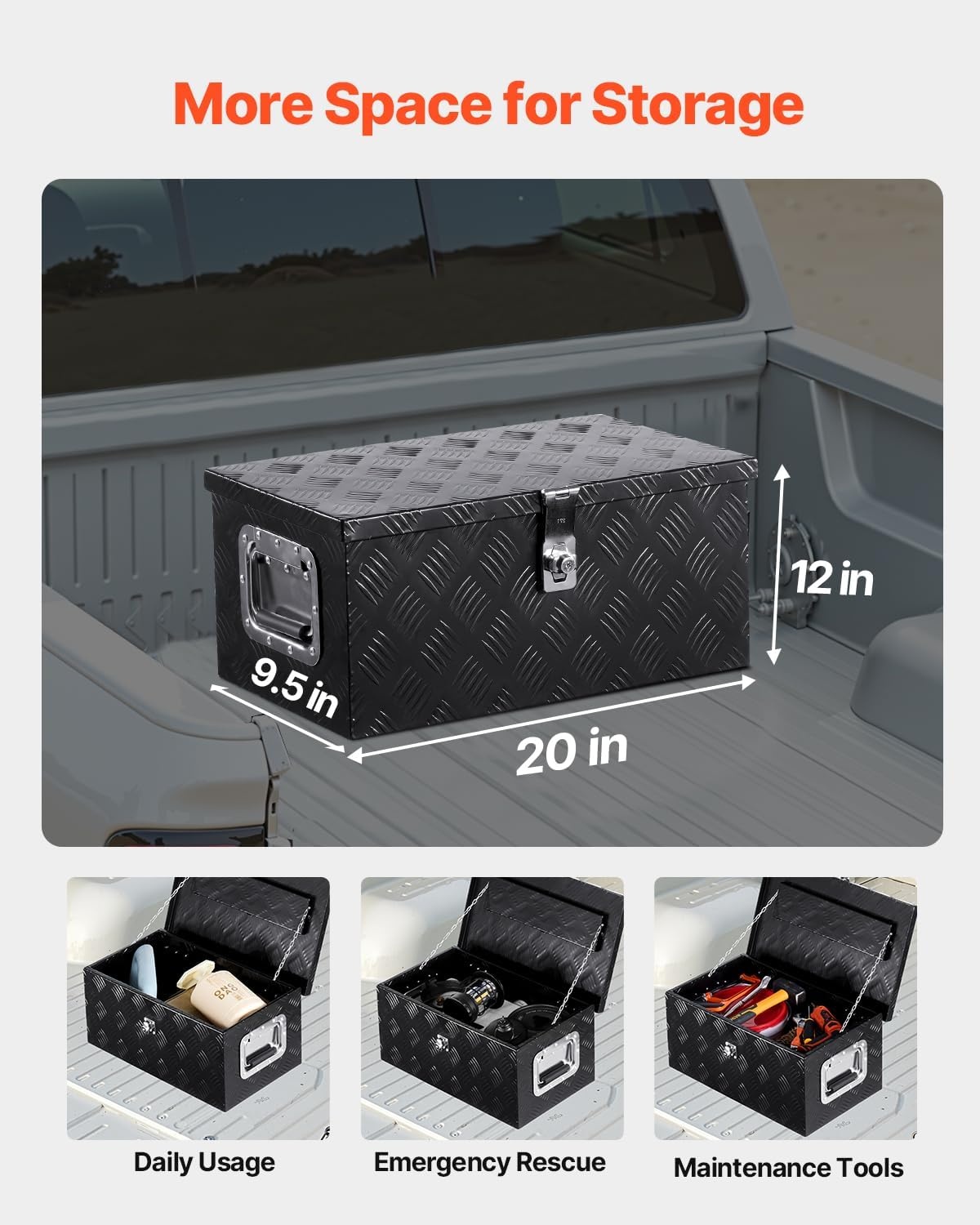 image:imageVEVOR Heavy Duty Aluminum Truck Bed Tool Box Diamond Plate Tool Box with Side Handle and Lock Keys Storage Tool Box Chest Box Organizer for Pickup Truck Bed RV Trailer 30x13x96 SilverBlack