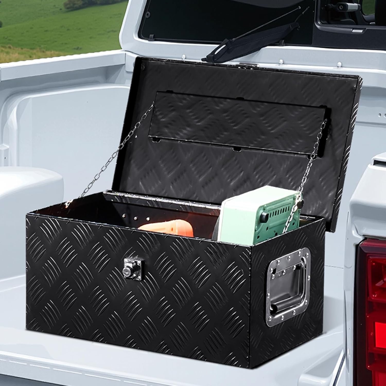 image:imageVEVOR Heavy Duty Aluminum Truck Bed Tool Box Diamond Plate Tool Box with Side Handle and Lock Keys Storage Tool Box Chest Box Organizer for Pickup Truck Bed RV Trailer 30x13x96 SilverBlack