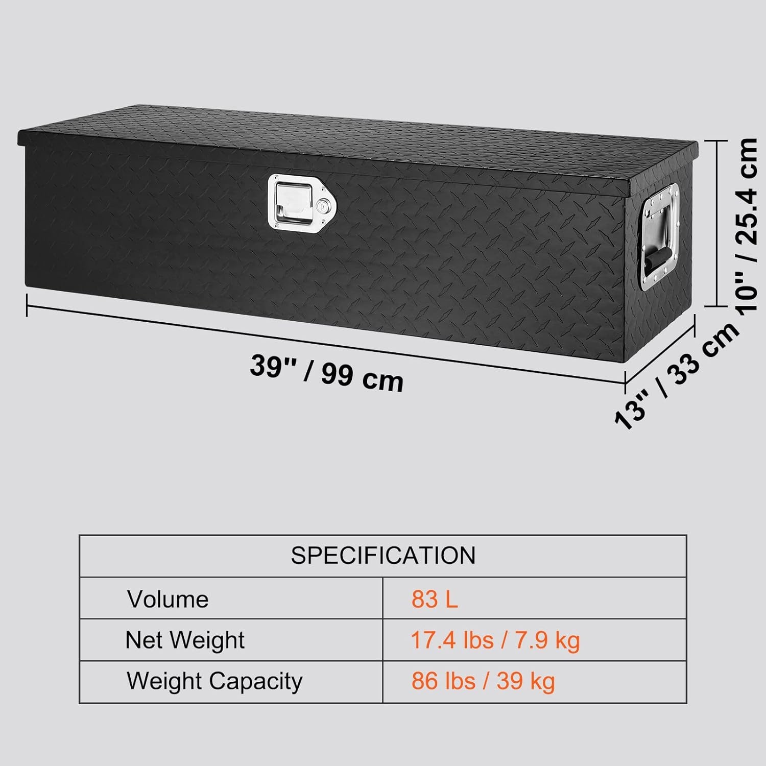 image:imageVEVOR Heavy Duty Aluminum Truck Bed Tool Box Diamond Plate Tool Box with Side Handle and Lock Keys Storage Tool Box Chest Box Organizer for Pickup Truck Bed RV Trailer 30x13x96 SilverBlack