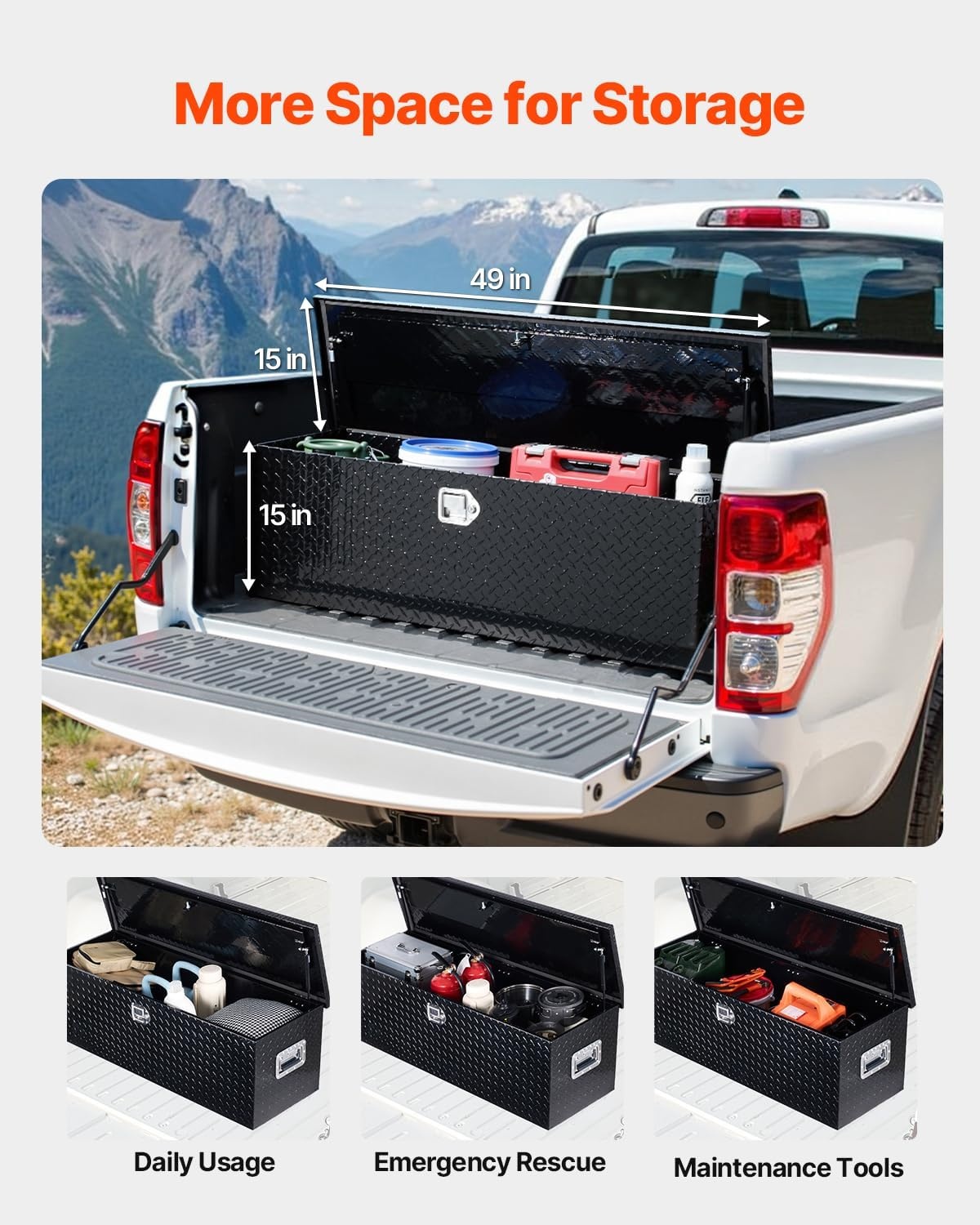 image:imageVEVOR Heavy Duty Aluminum Truck Bed Tool Box Diamond Plate Tool Box with Side Handle and Lock Keys Storage Tool Box Chest Box Organizer for Pickup Truck Bed RV Trailer 30x13x96 SilverBlack