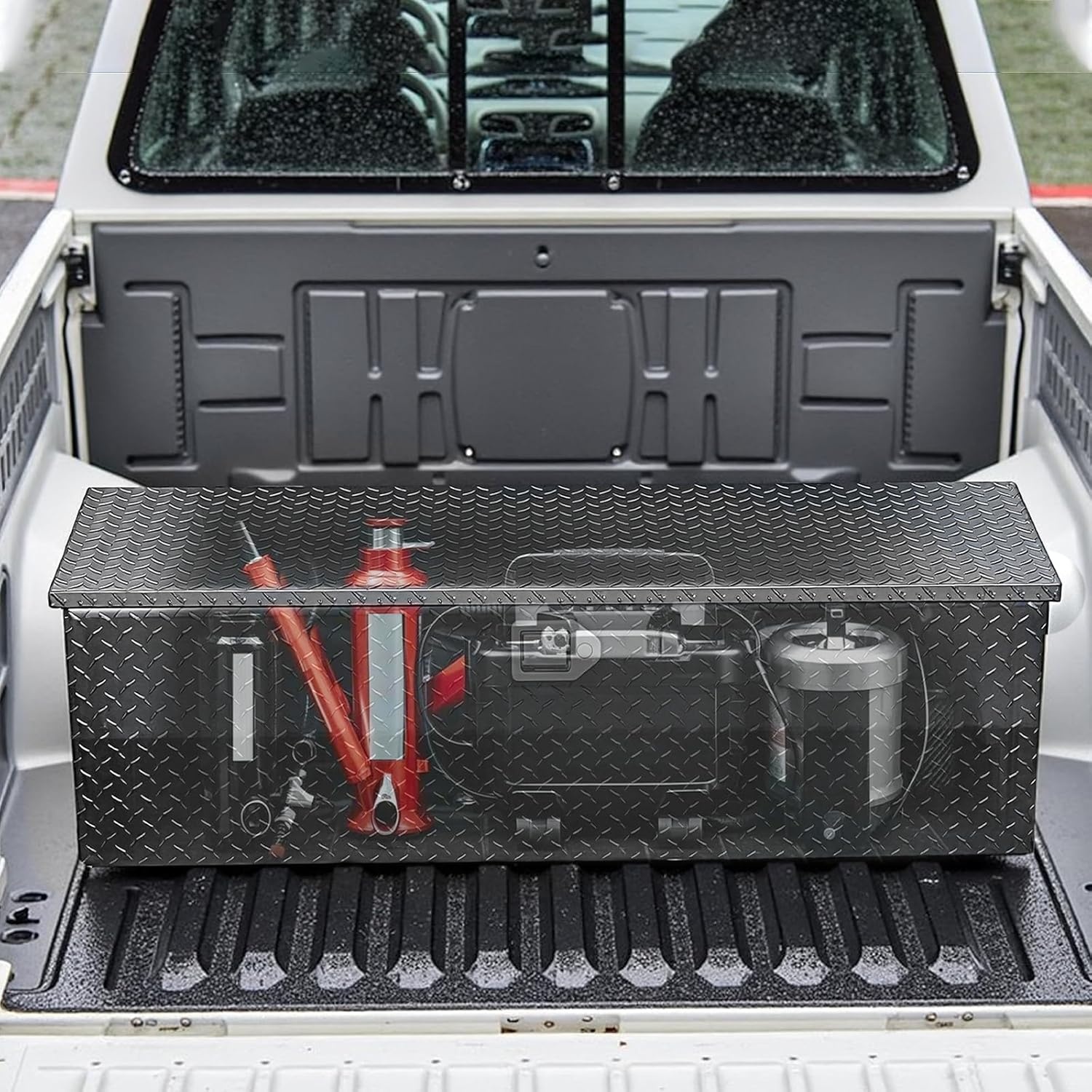 image:imageVEVOR Heavy Duty Aluminum Truck Bed Tool Box Diamond Plate Tool Box with Side Handle and Lock Keys Storage Tool Box Chest Box Organizer for Pickup Truck Bed RV Trailer 30x13x96 SilverBlack