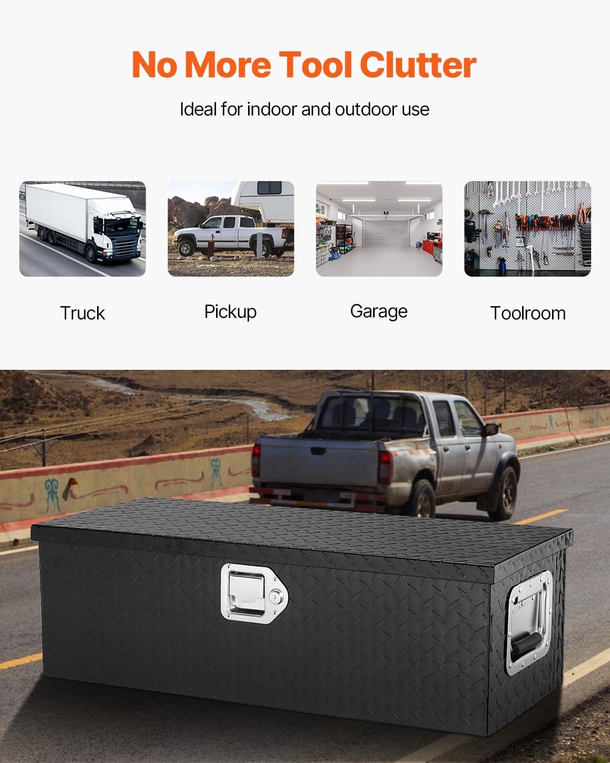 image:imageVEVOR Heavy Duty Aluminum Truck Bed Tool Box Diamond Plate Tool Box with Side Handle and Lock Keys Storage Tool Box Chest Box Organizer for Pickup Truck Bed RV Trailer 30x13x96 SilverBlack