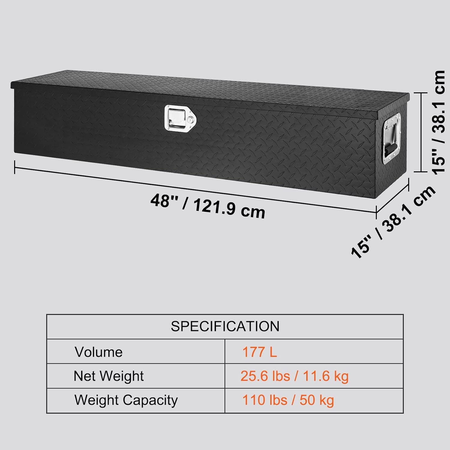 image:imageVEVOR Heavy Duty Aluminum Truck Bed Tool Box Diamond Plate Tool Box with Side Handle and Lock Keys Storage Tool Box Chest Box Organizer for Pickup Truck Bed RV Trailer 30x13x96 SilverBlack