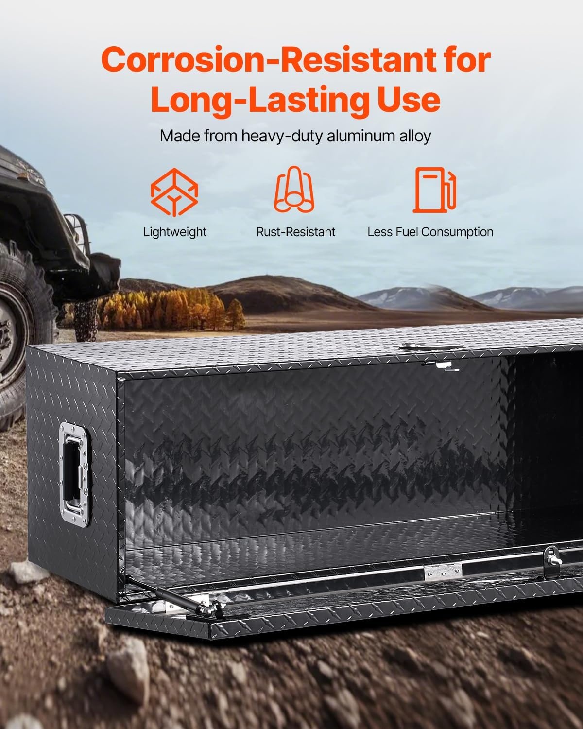 image:imageVEVOR Heavy Duty Aluminum Truck Bed Tool Box Diamond Plate Tool Box with Side Handle and Lock Keys Storage Tool Box Chest Box Organizer for Pickup Truck Bed RV Trailer 30x13x96 SilverBlack