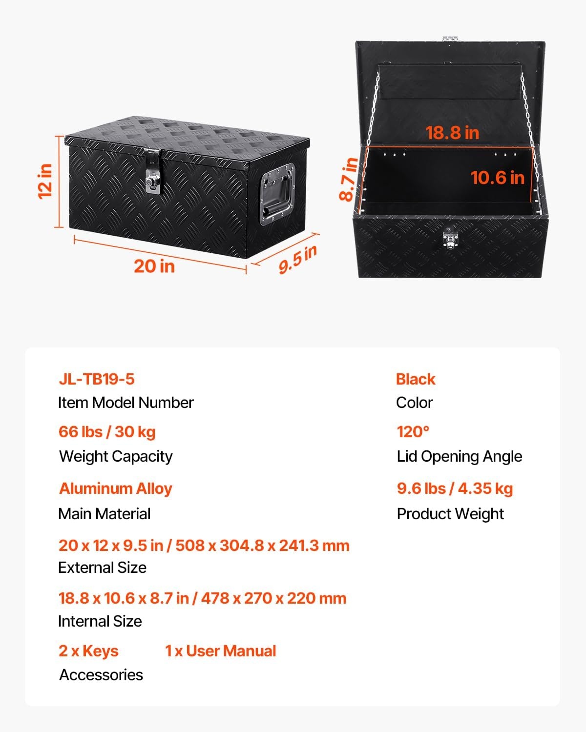image:imageVEVOR Heavy Duty Aluminum Truck Bed Tool Box Diamond Plate Tool Box with Side Handle and Lock Keys Storage Tool Box Chest Box Organizer for Pickup Truck Bed RV Trailer 30x13x96 SilverBlack