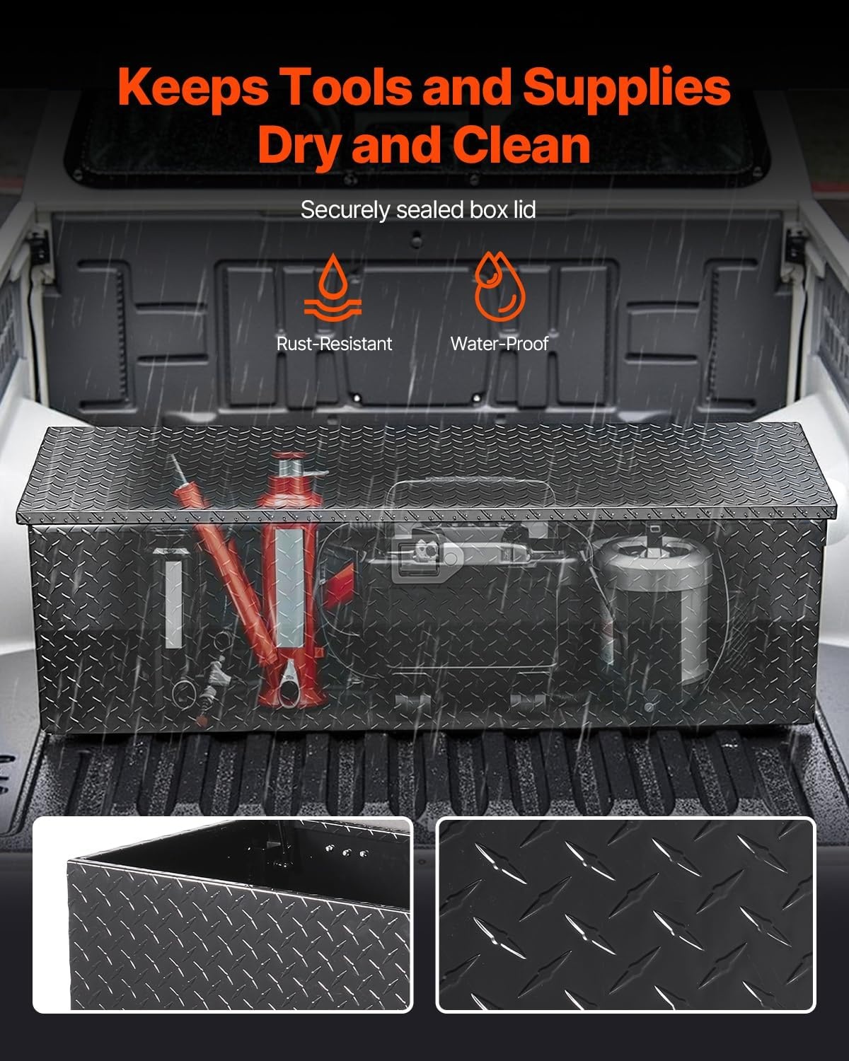 image:imageVEVOR Heavy Duty Aluminum Truck Bed Tool Box Diamond Plate Tool Box with Side Handle and Lock Keys Storage Tool Box Chest Box Organizer for Pickup Truck Bed RV Trailer 30x13x96 SilverBlack