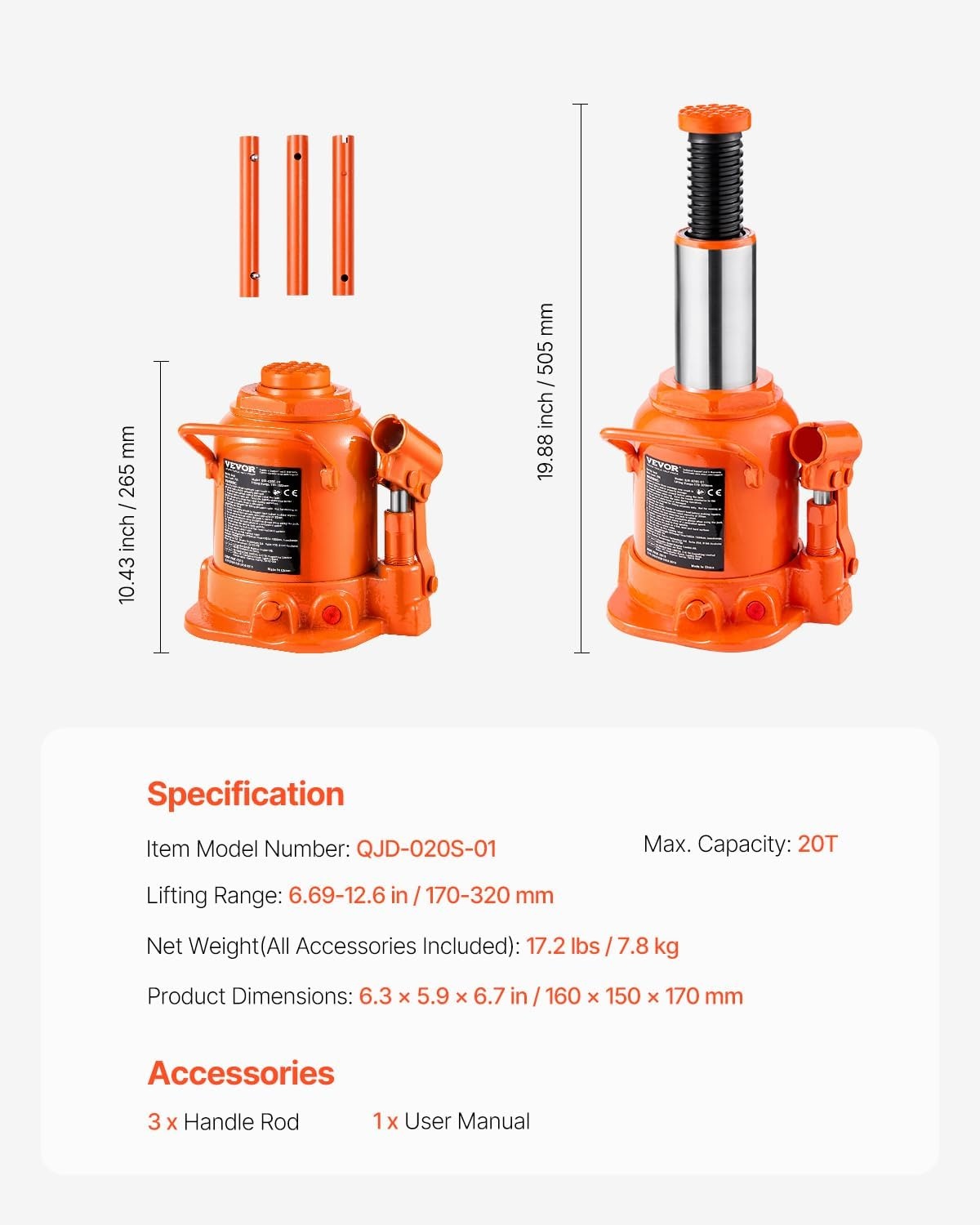 image:imageVEVOR Hydraulic Bottle Jack 20 Ton44092 lbs Low Profile Welded Bottle Jack with 669126 Lifting Range amp 3Section Long Handle for Car Pickup Truck RV Auto Repair Industrial Engineering20T