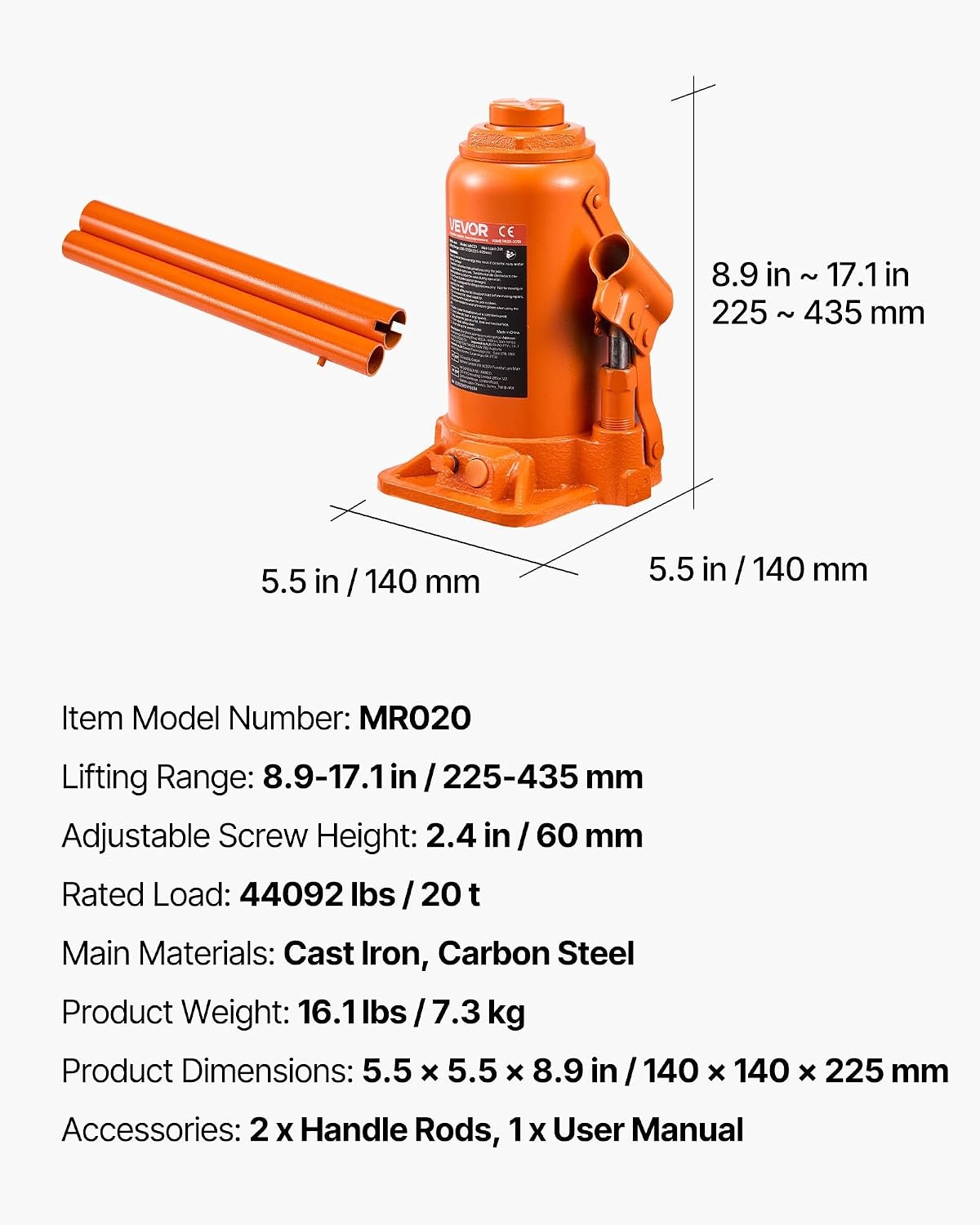image:imageVEVOR Hydraulic Bottle Jack 20 Ton44092 lbs Low Profile Welded Bottle Jack with 669126 Lifting Range amp 3Section Long Handle for Car Pickup Truck RV Auto Repair Industrial Engineering20T Hight Profile