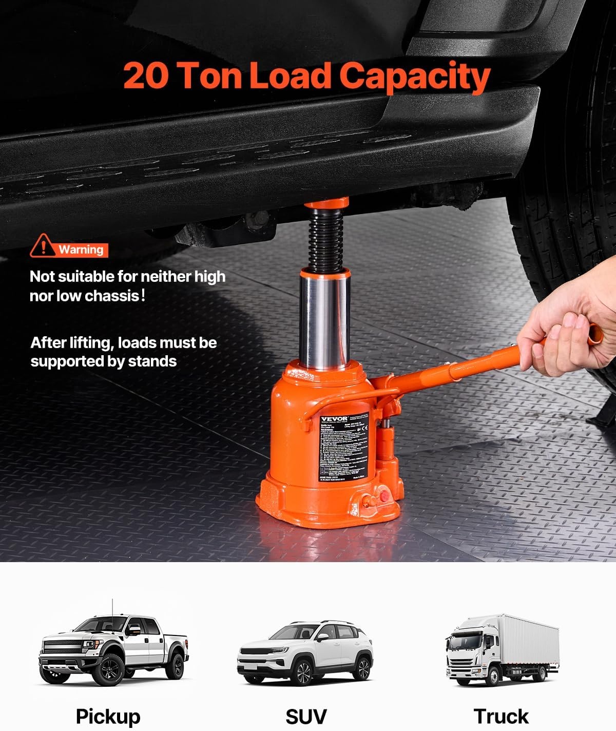 image:imageVEVOR Hydraulic Bottle Jack 20 Ton44092 lbs Low Profile Welded Bottle Jack with 669126 Lifting Range amp 3Section Long Handle for Car Pickup Truck RV Auto Repair Industrial Engineering20T