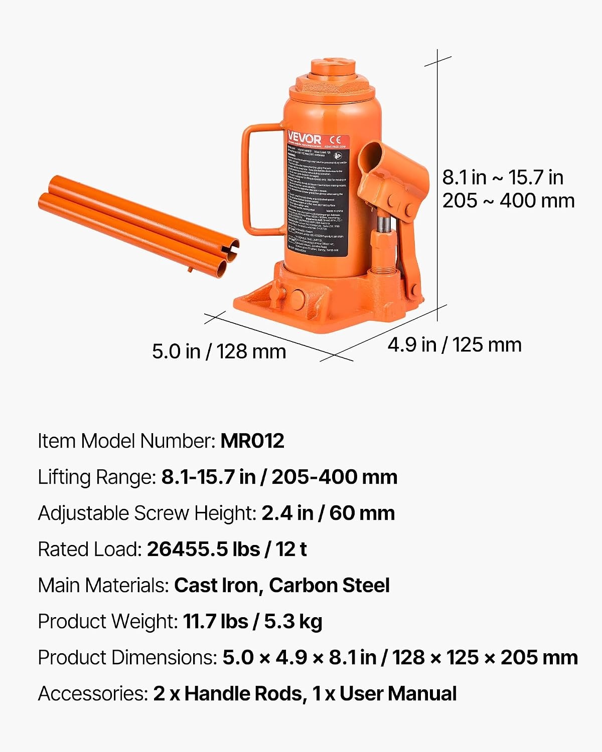 image:imageVEVOR Hydraulic Bottle Jack 20 Ton44092 lbs Low Profile Welded Bottle Jack with 669126 Lifting Range amp 3Section Long Handle for Car Pickup Truck RV Auto Repair Industrial Engineering12T