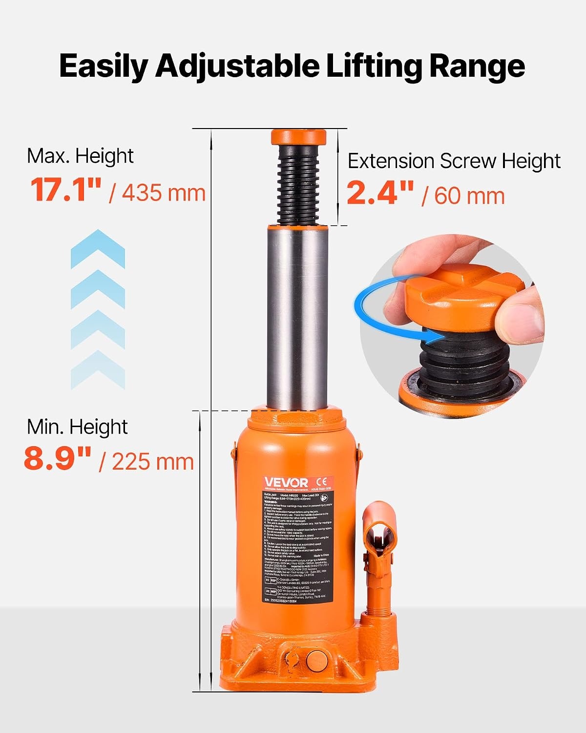image:imageVEVOR Hydraulic Bottle Jack 20 Ton44092 lbs Low Profile Welded Bottle Jack with 669126 Lifting Range amp 3Section Long Handle for Car Pickup Truck RV Auto Repair Industrial Engineering20T Hight Profile
