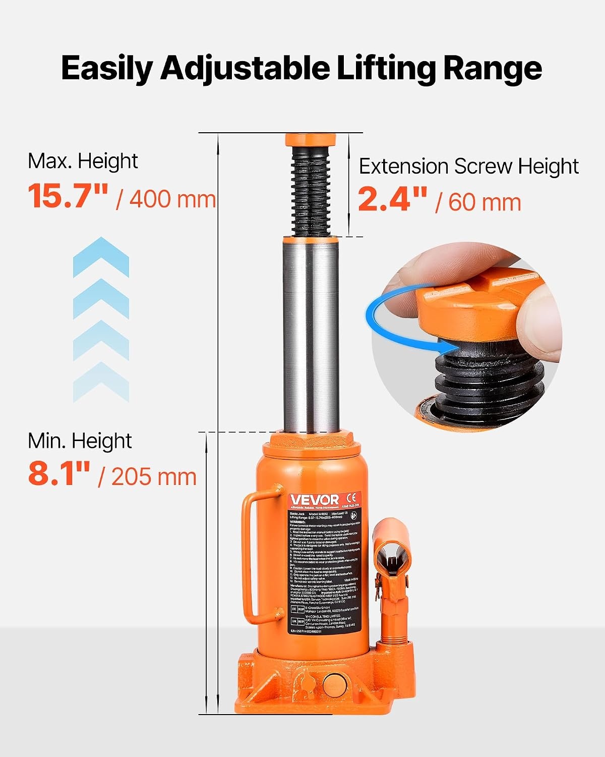 image:imageVEVOR Hydraulic Bottle Jack 20 Ton44092 lbs Low Profile Welded Bottle Jack with 669126 Lifting Range amp 3Section Long Handle for Car Pickup Truck RV Auto Repair Industrial Engineering12T