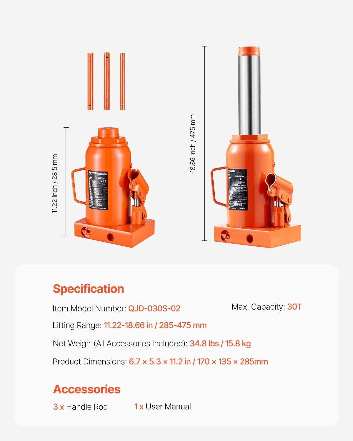 image:imageVEVOR Hydraulic Bottle Jack 30 Ton66138 lbs Welded Bottle Jack with 11221866 Lifting Range amp 3Section Long Handle for Car Pickup Truck RV Auto Repair Industrial Engineering30T