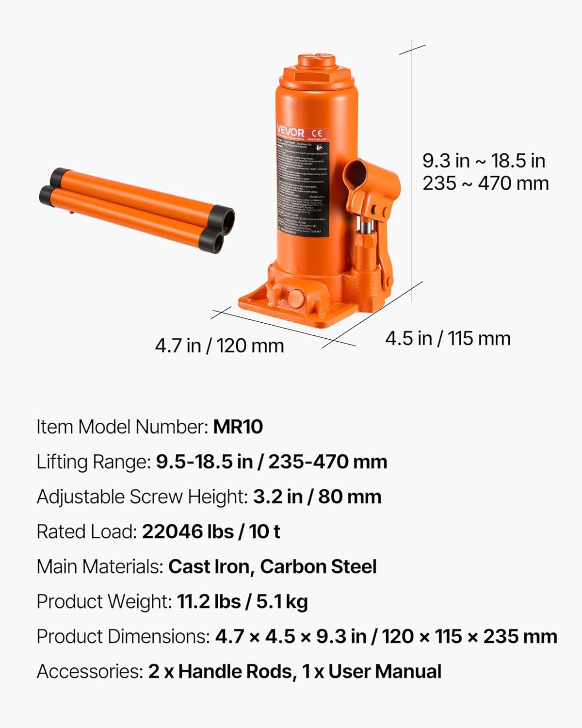 image:imageVEVOR Hydraulic Bottle Jack 30 Ton66138 lbs Welded Bottle Jack with 11221866 Lifting Range amp 3Section Long Handle for Car Pickup Truck RV Auto Repair Industrial Engineering10T
