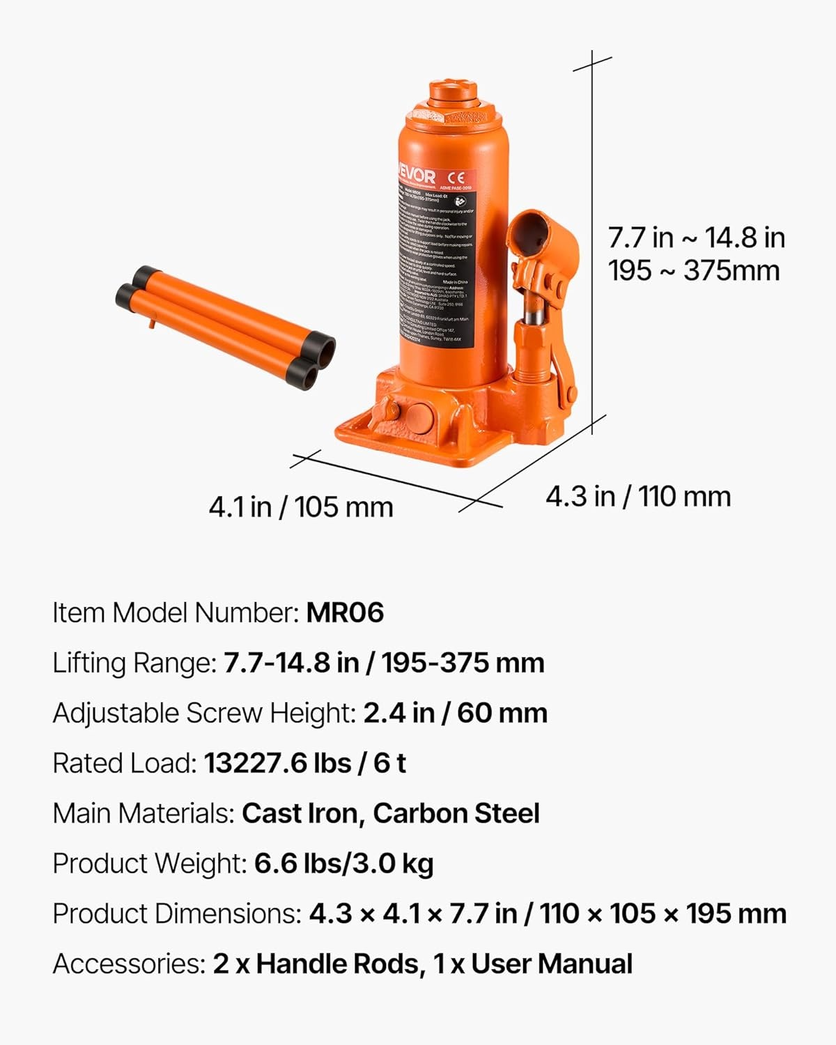 image:imageVEVOR Hydraulic Bottle Jack 30 Ton66138 lbs Welded Bottle Jack with 11221866 Lifting Range amp 3Section Long Handle for Car Pickup Truck RV Auto Repair Industrial Engineering6T