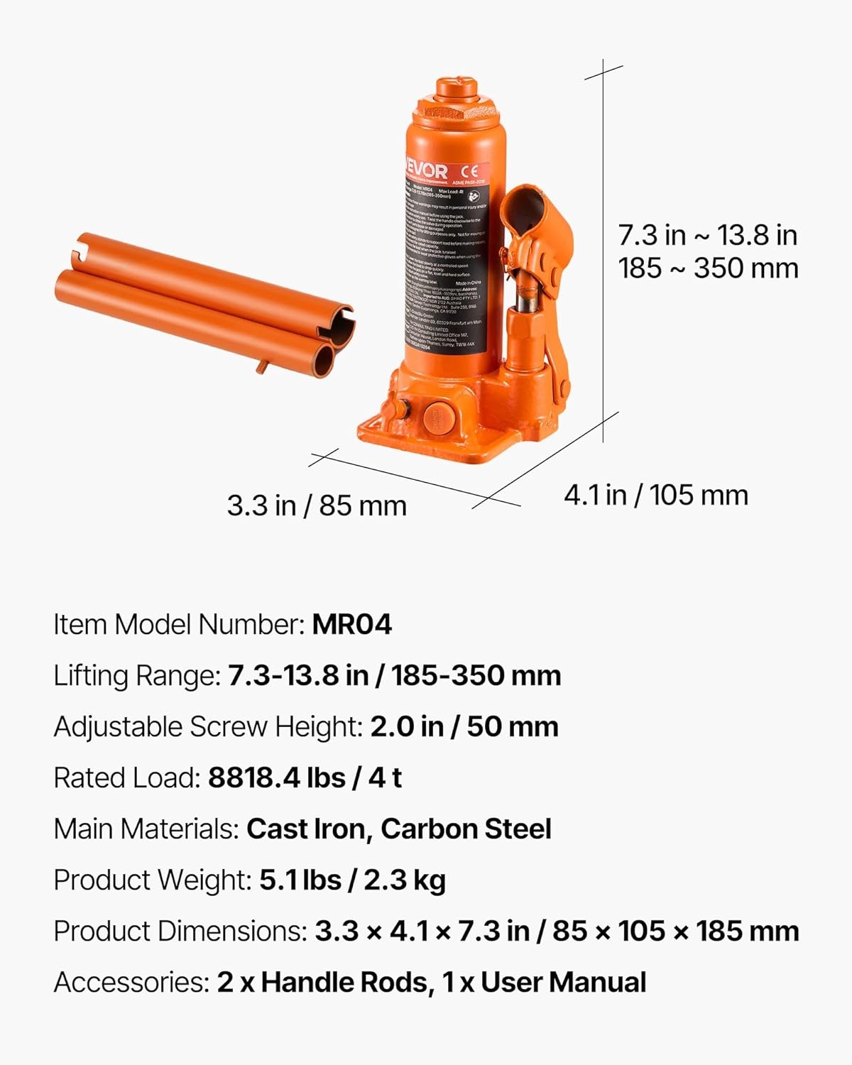 image:imageVEVOR Hydraulic Bottle Jack 30 Ton66138 lbs Welded Bottle Jack with 11221866 Lifting Range amp 3Section Long Handle for Car Pickup Truck RV Auto Repair Industrial Engineering4T