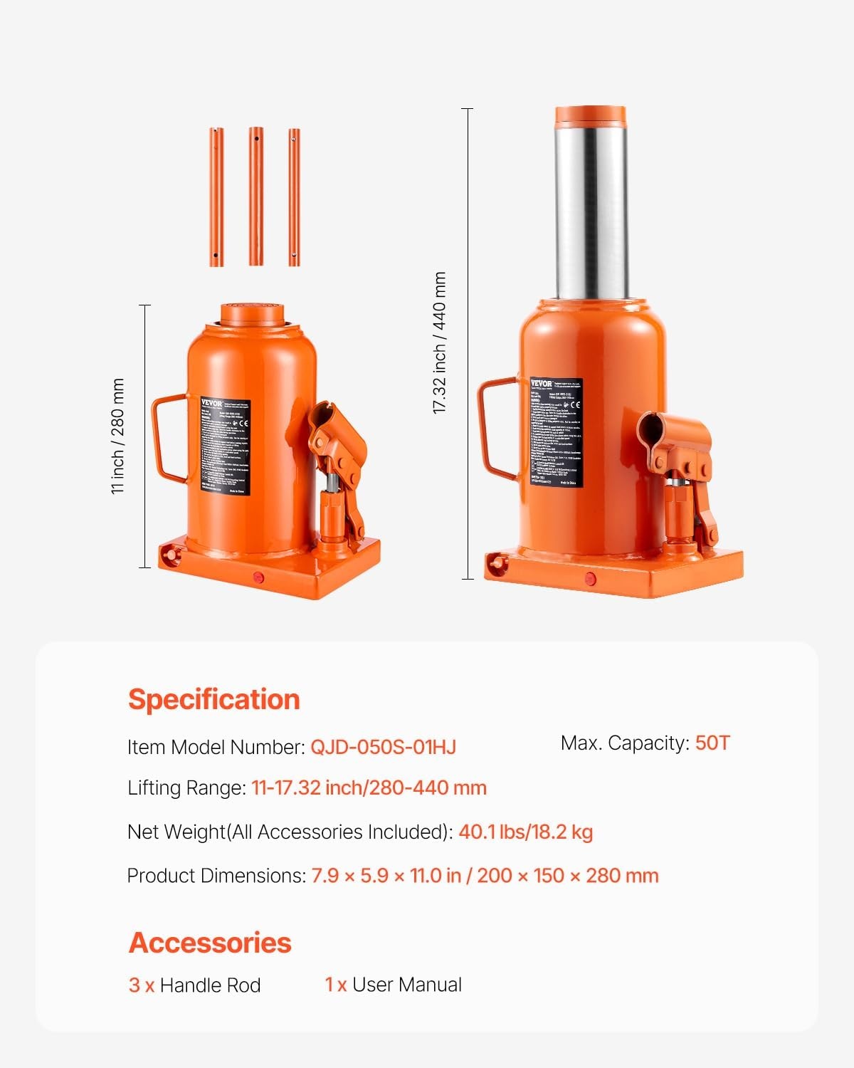 image:imageVEVOR Hydraulic Bottle Jack 30 Ton66138 lbs Welded Bottle Jack with 11221866 Lifting Range amp 3Section Long Handle for Car Pickup Truck RV Auto Repair Industrial Engineering50T