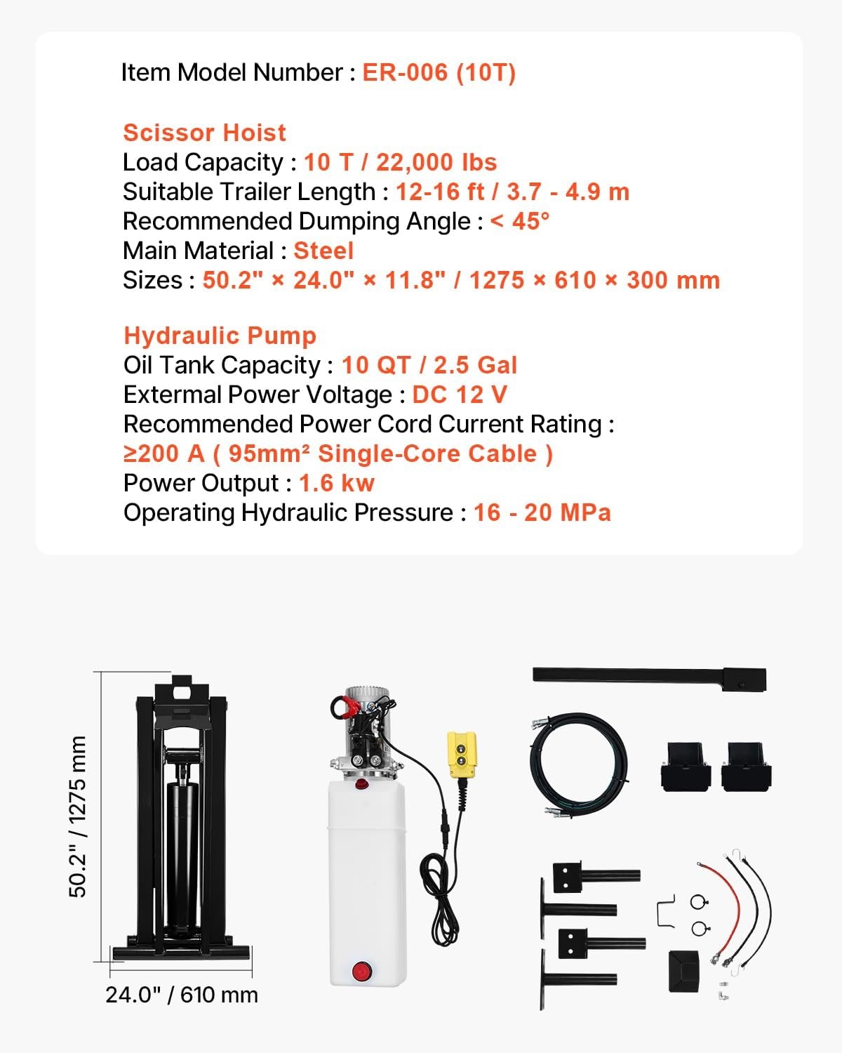 image:imageVEVOR Hydraulic Dump Lift Kit 17600 lb8 T Dump Trailer Hydraulic Scissor Hoist Kit Standard Kit Hydraulic Dump Bed Kit with 12V Hydraulic Pump Unit Suitable for Scissor Lift Dump Trailers Trucks22 000 lb10 T