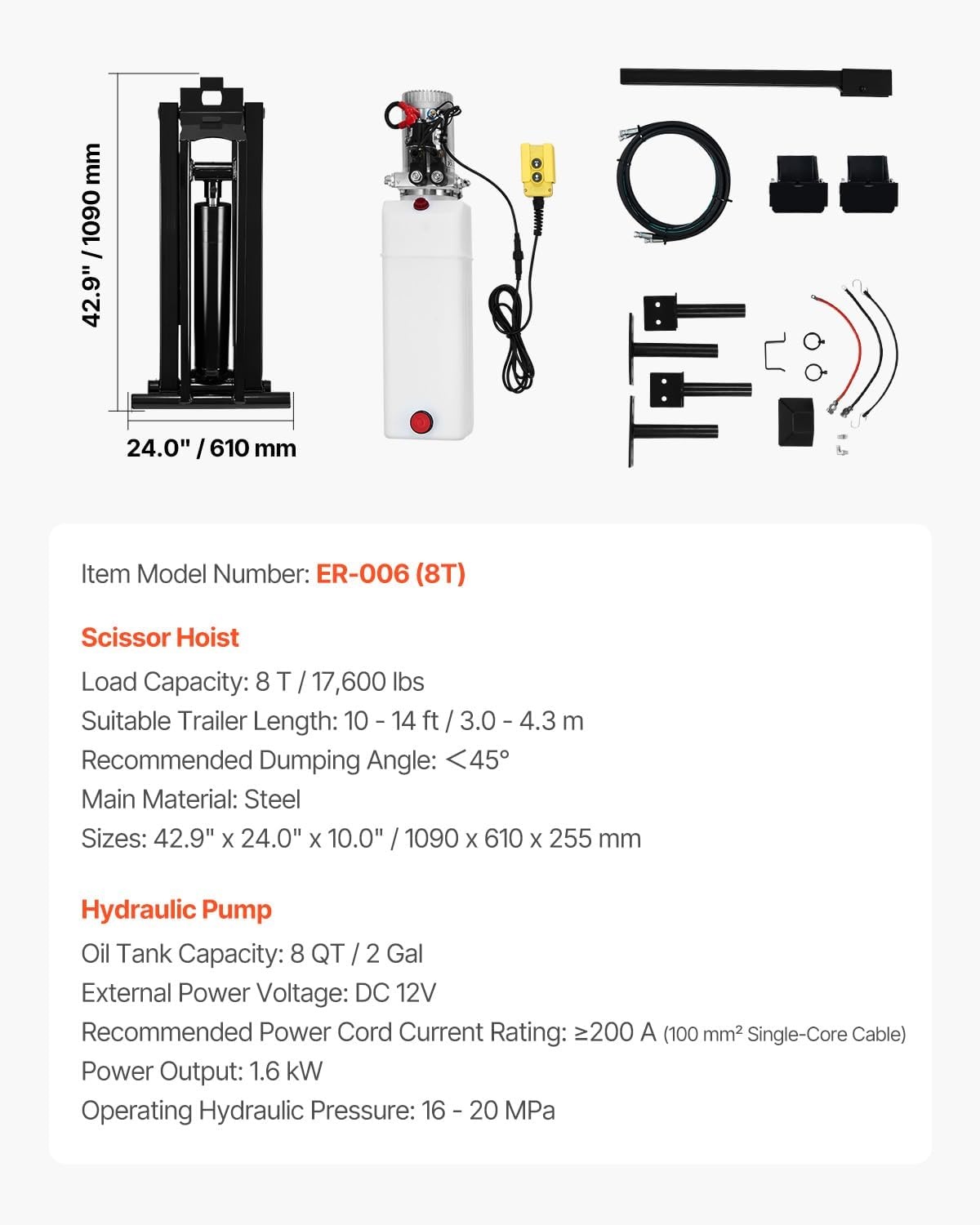 image:imageVEVOR Hydraulic Dump Lift Kit 17600 lb8 T Dump Trailer Hydraulic Scissor Hoist Kit Standard Kit Hydraulic Dump Bed Kit with 12V Hydraulic Pump Unit Suitable for Scissor Lift Dump Trailers Trucks429 x 240 x 100