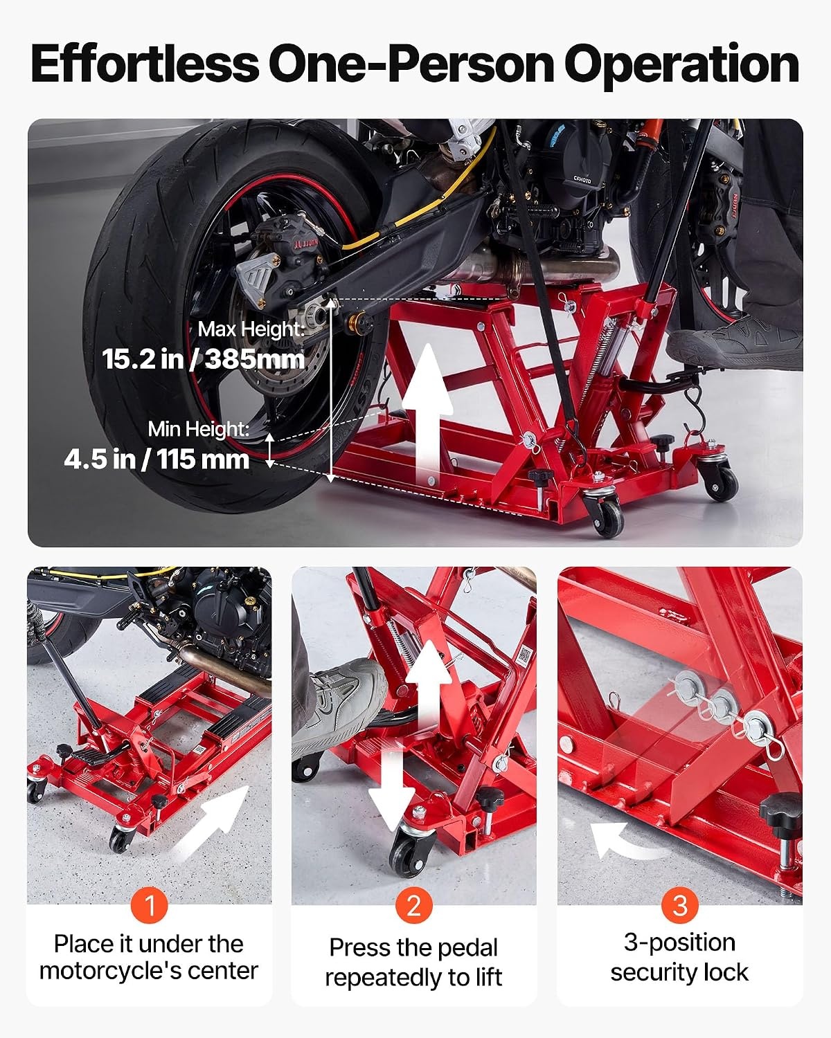 image:imageVEVOR Hydraulic Motorcycle Lift Jack 1500 LBS Capacity ATV Scissor Lift Jack Portable Motorcycle Lift Table with 4 Wheels Hydraulic FootOperated Hoist Stand for Motorcycle ATV UTV Powersports Portable Motorcycle Lift Table with 4 Wheels Hydraulic FootOperated Hoist Stand for ATV UTV PowersportsRed
